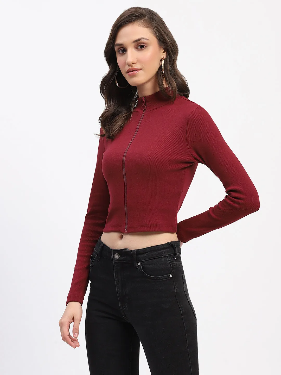 Madame Ribbed Mock Neck Zipped Bodycon Wine Top Cozy Layer KnotFree Tailoring
