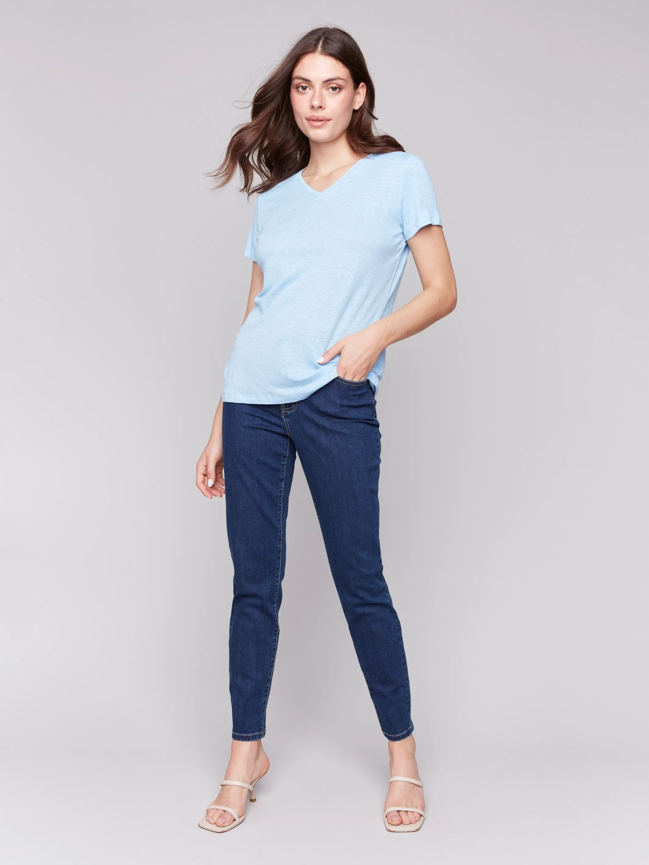 MicroPerforatedTexture Linen Blend V-Neck T-Shirt - Bluebell