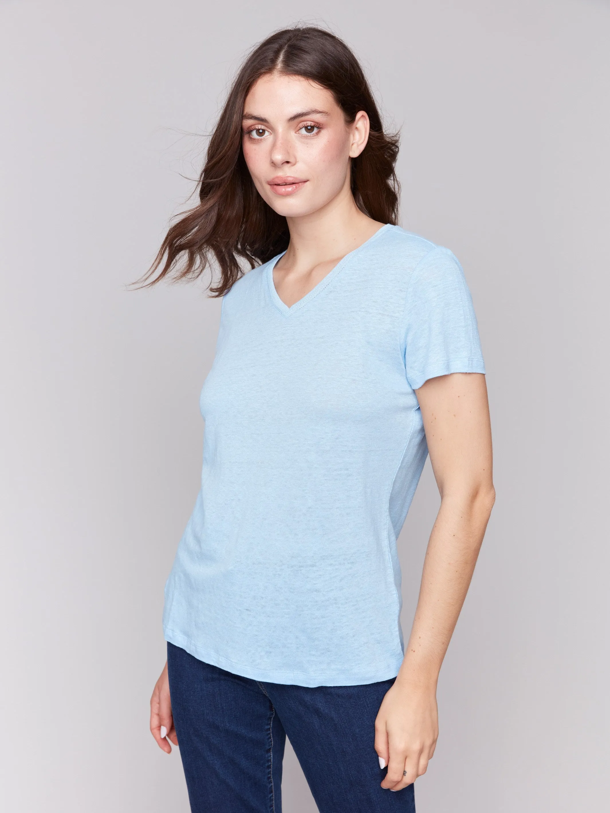 Thermal Insulation Layer Linen Blend V-Neck T-Shirt - Bluebell
