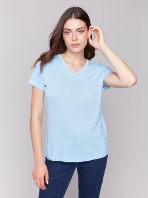 Stylish Jacket PreShrunk Cotton Linen Blend V-Neck T-Shirt - Bluebell