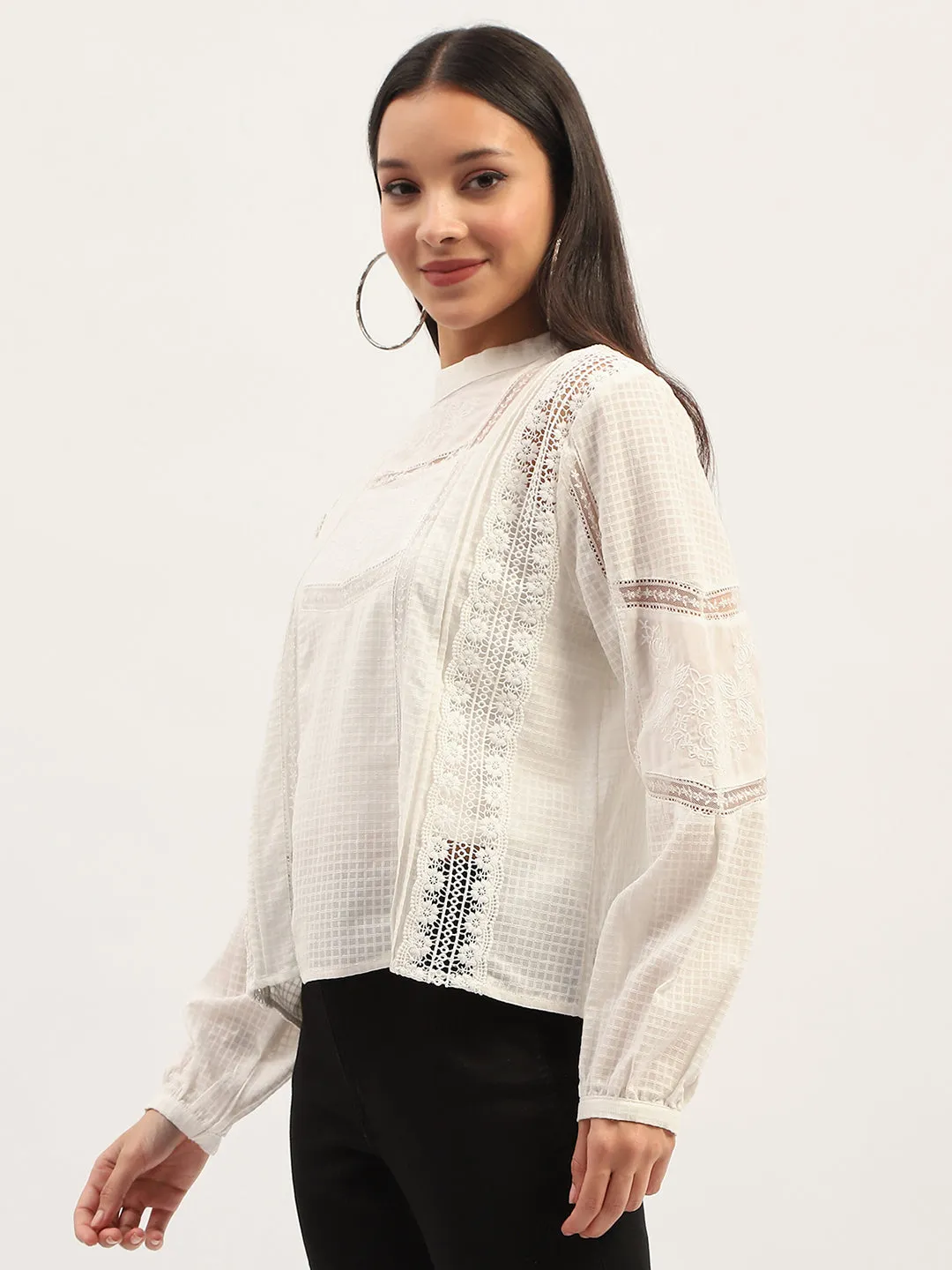 Madame Lace Detailing Solid White Top Flight Fit Downtown Cool