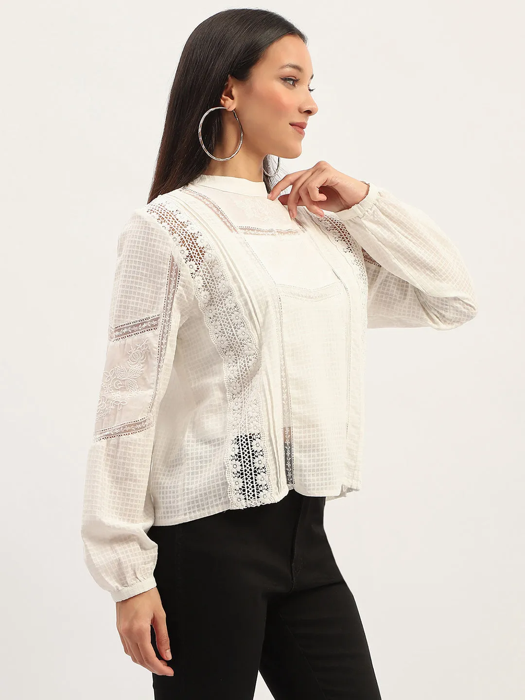 Madame Lace Detailing Solid White Top Cozy Wrap