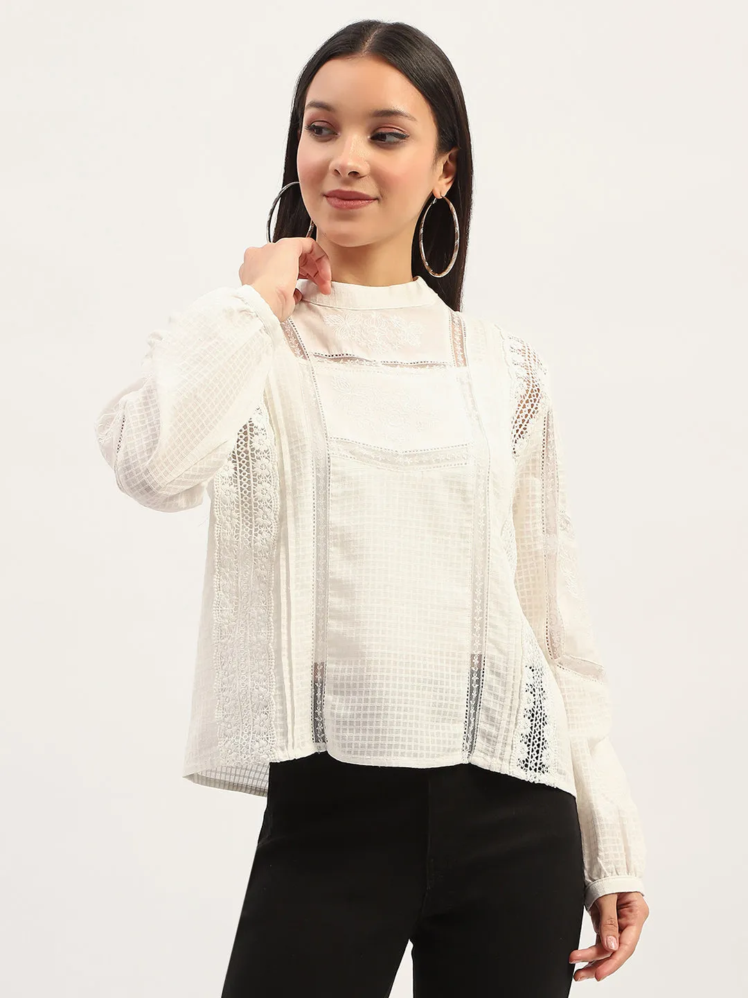 Jewel tone Premium Apparel Madame Lace Detailing Solid White Top