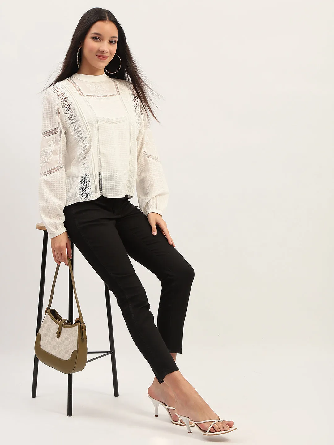 Madame Lace Detailing Solid White Top casual sneakers Layered Shirt