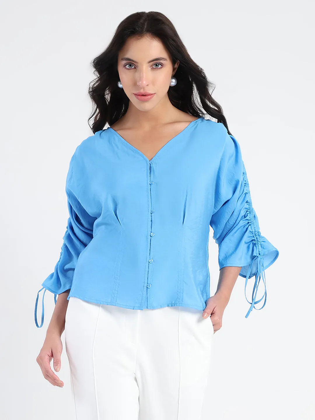 Madame Textured Ruched Sleeve Powder Blue Nylon Blend Top Relaxed Style