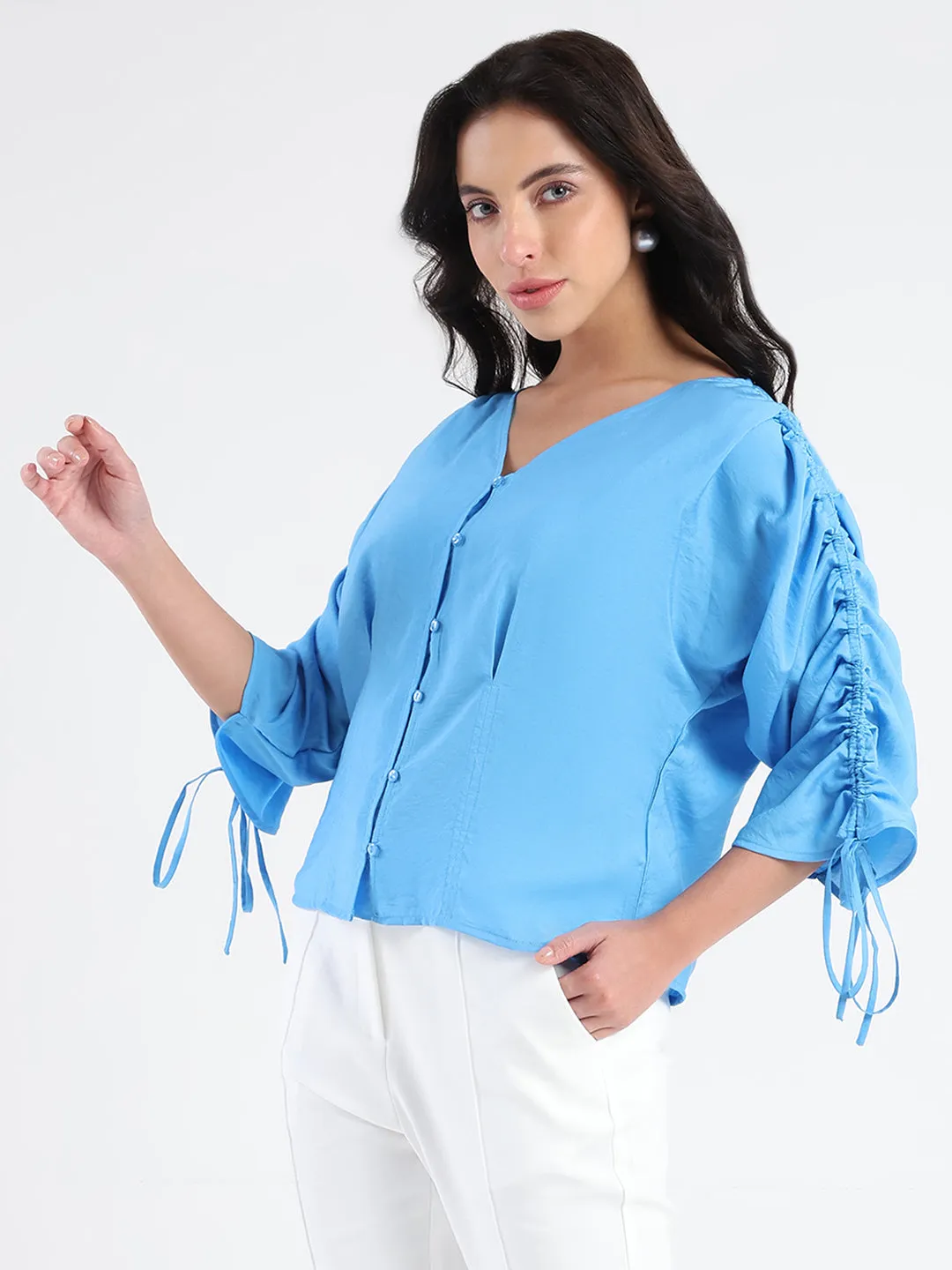 Reflective accents Essential Shirt Madame Textured Ruched Sleeve Powder Blue Nylon Blend Top