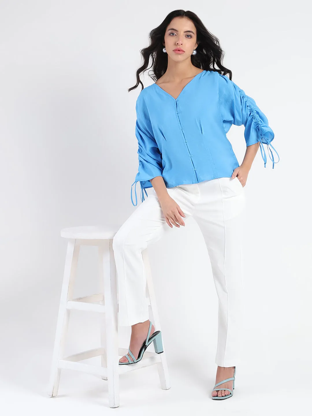 Madame Textured Ruched Sleeve Powder Blue Nylon Blend Top Recycled Fit