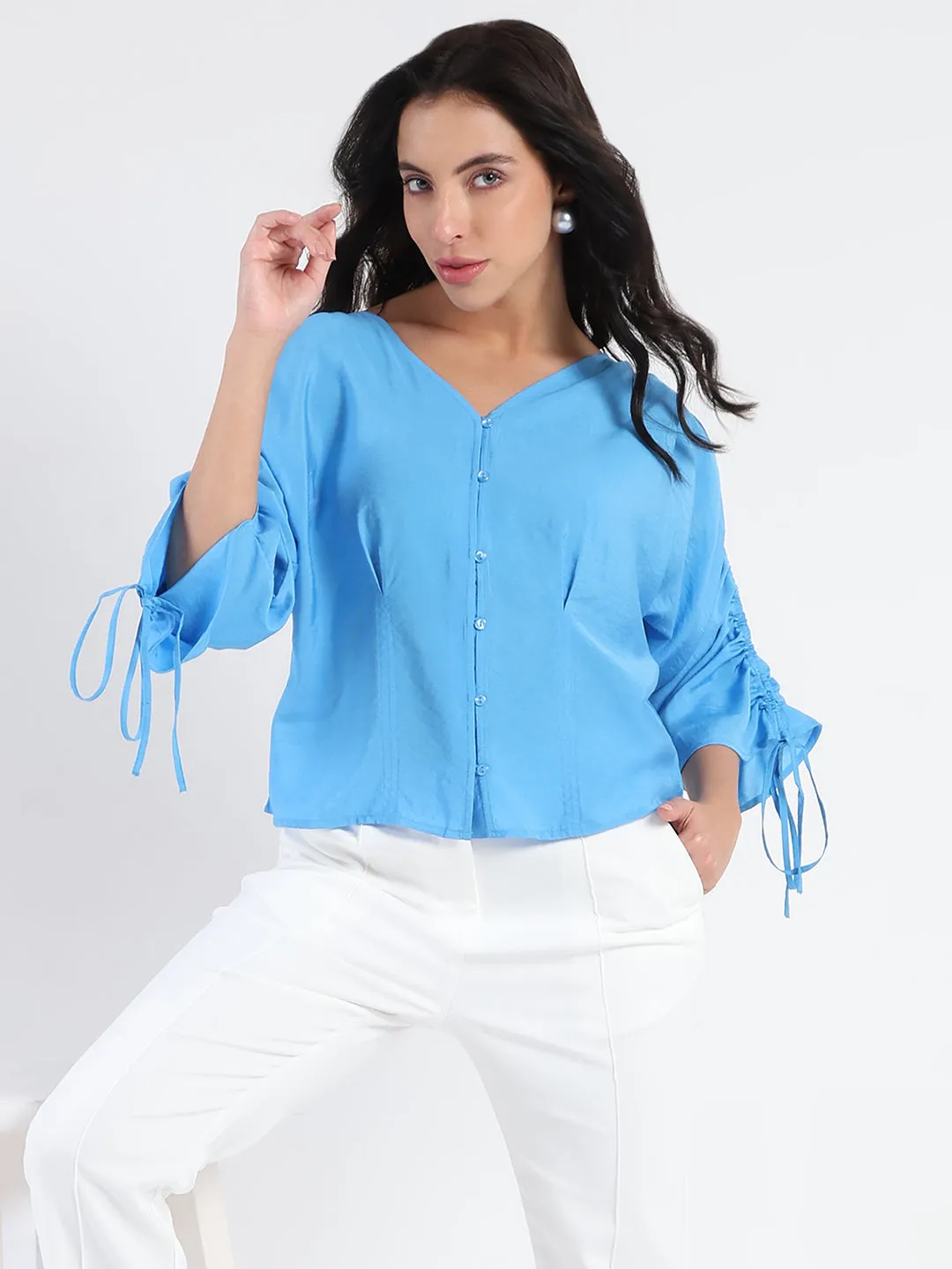 MachineWashable OdorResistantFabric Madame Textured Ruched Sleeve Powder Blue Nylon Blend Top