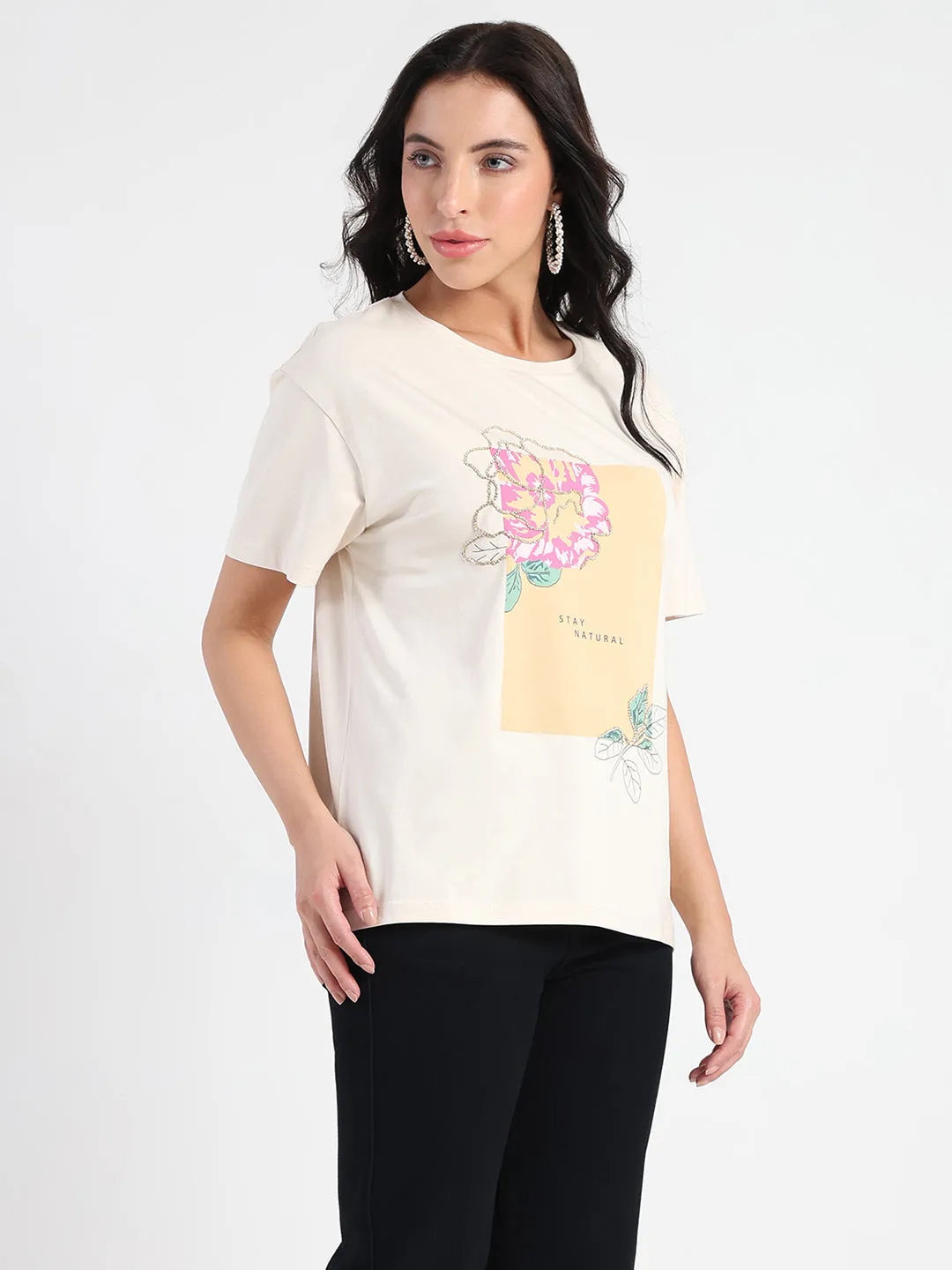 Casual Chic Wear Madame Graphic Print Beige Cotton Blend T-shirt