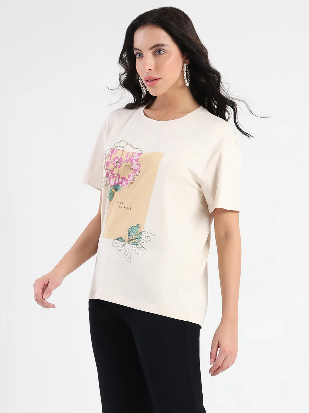 Madame Graphic Print Beige Cotton Blend T-shirt Trendy Comfort Fit Lightweight Layer