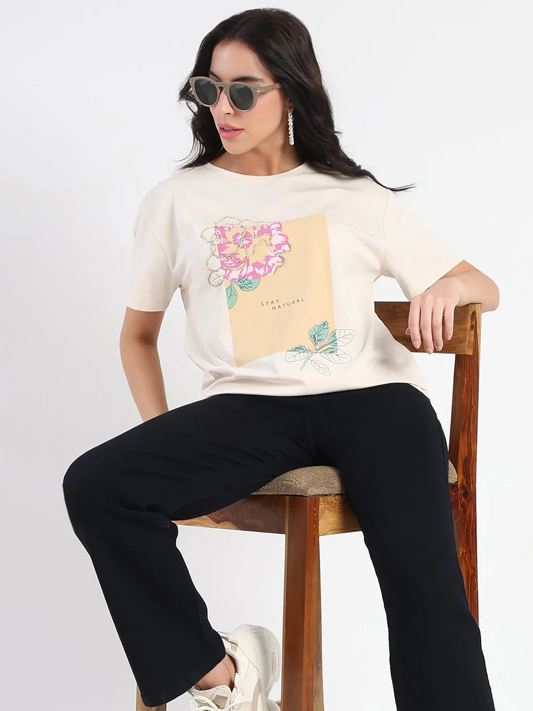 On-the-Go Fashion Effortless Fashion Madame Graphic Print Beige Cotton Blend T-shirt