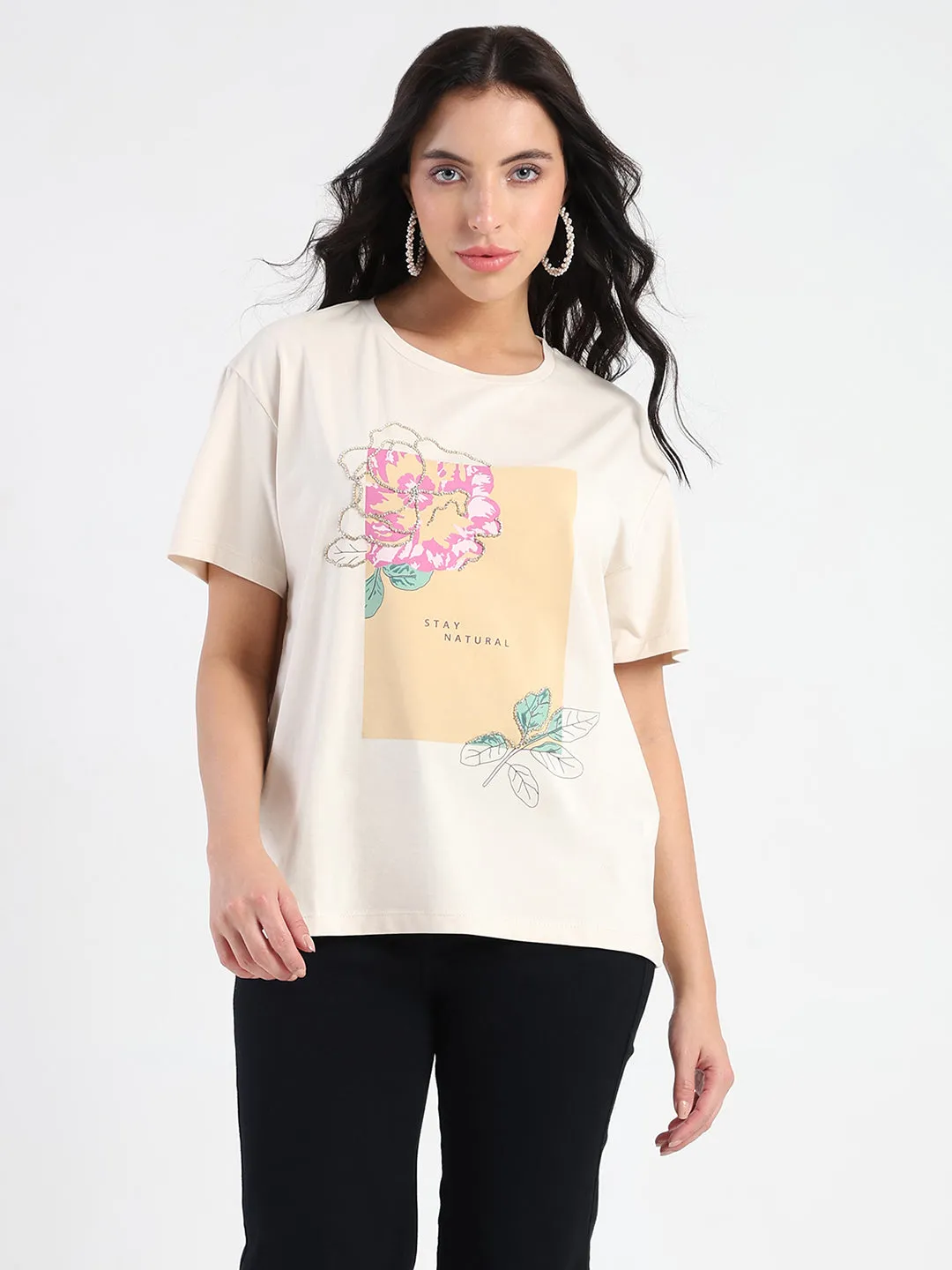 Effortless Wearable Summer Ready Madame Graphic Print Beige Cotton Blend T-shirt