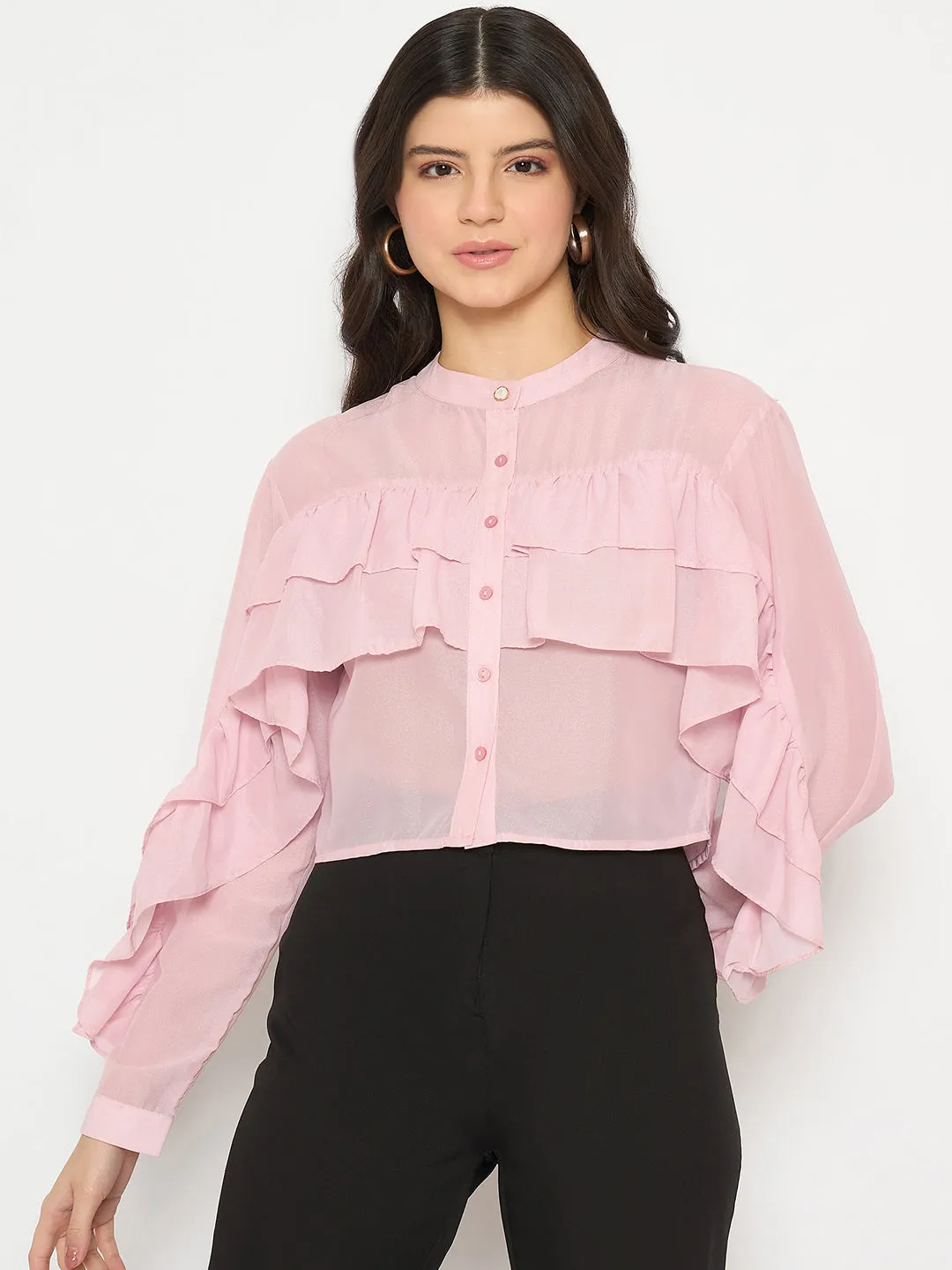 QuickDry Material Madame Sheer Baby Pink Ruffle Top
