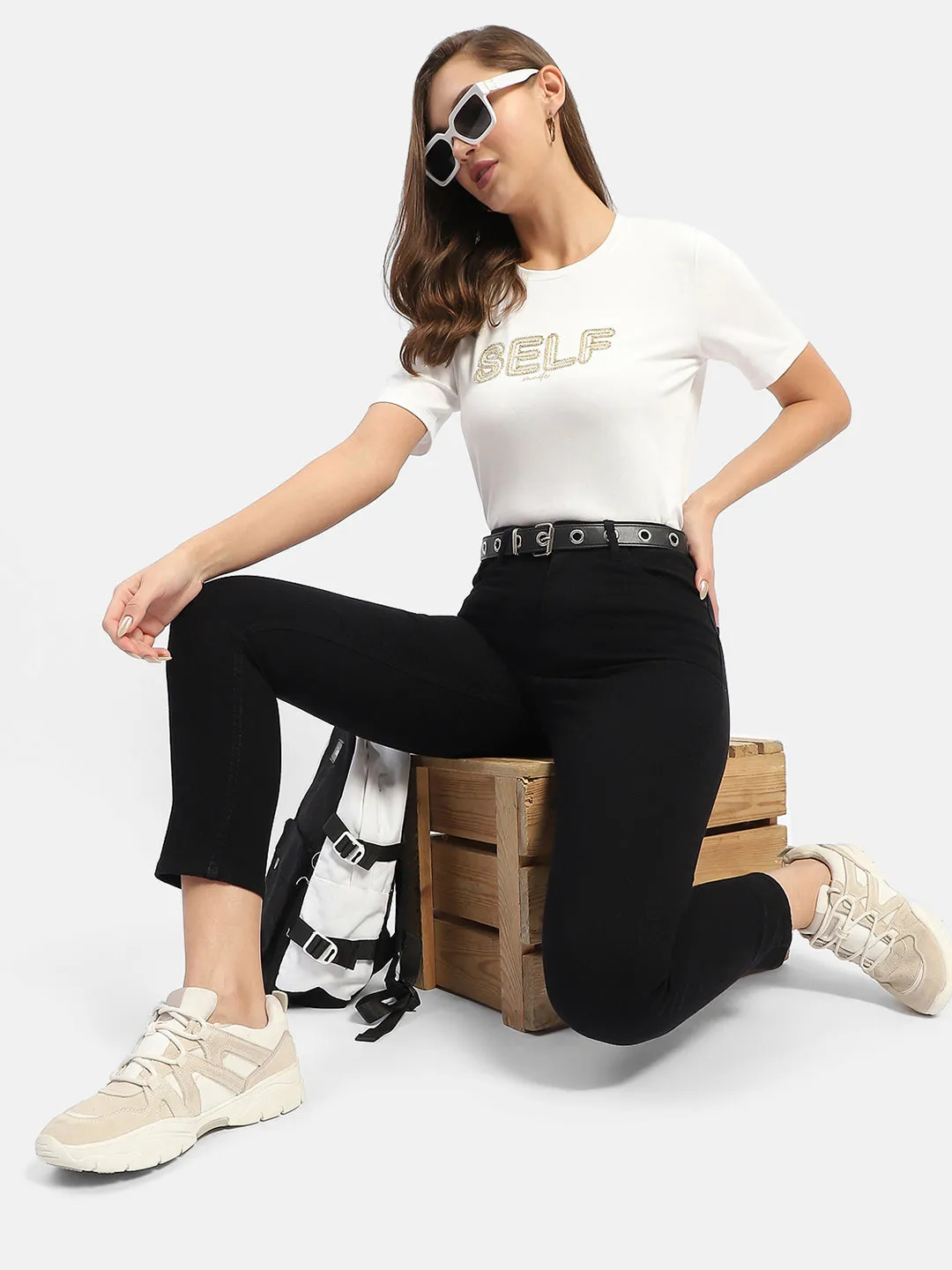 Non Restrictive Fit Madame Typography White Regular T-Shirt