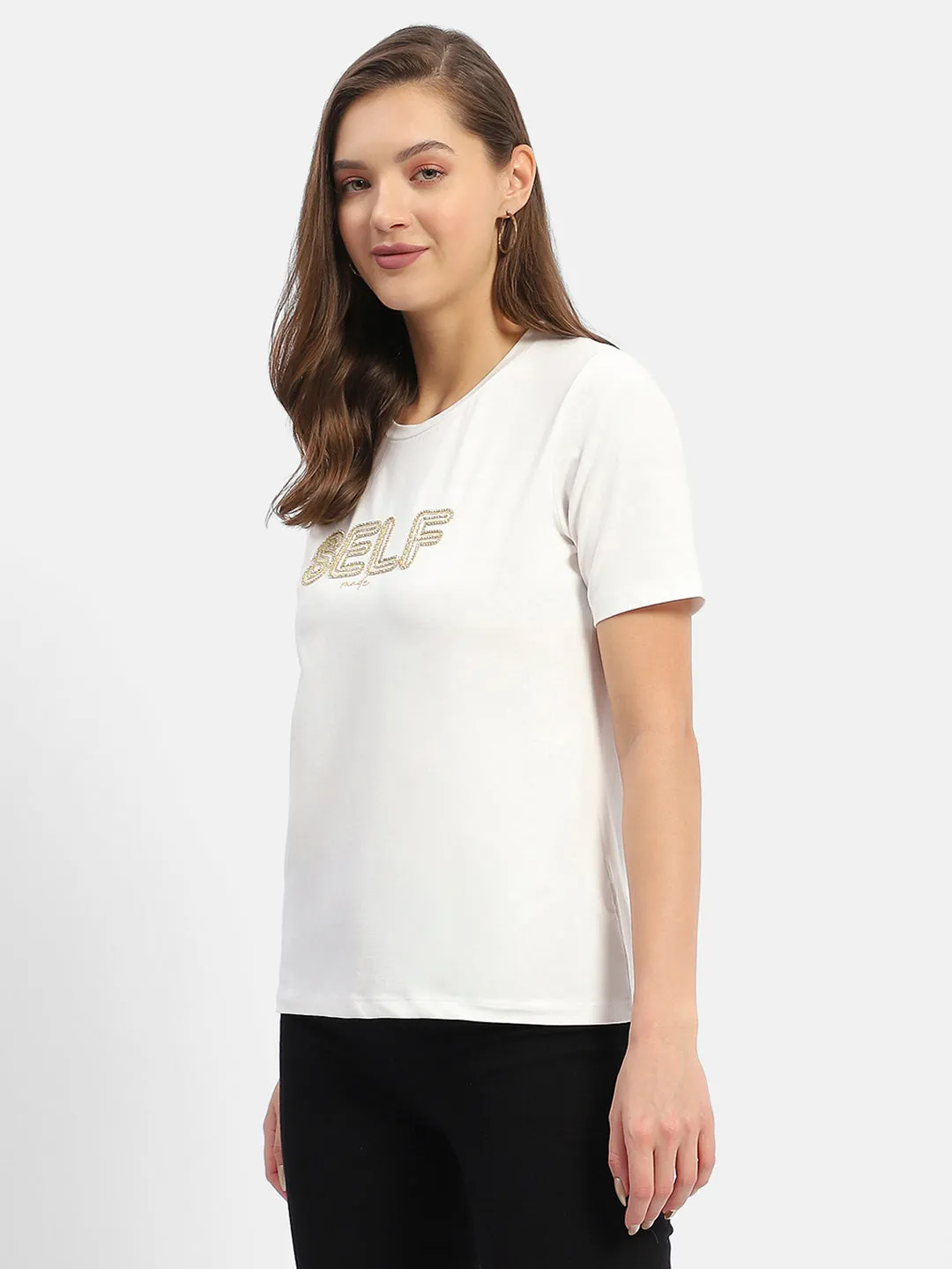 Madame Typography White Regular T-Shirt sequined details