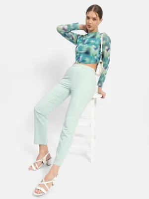 Madame Solid Green Flared Trousers Adjustable Belt Loops