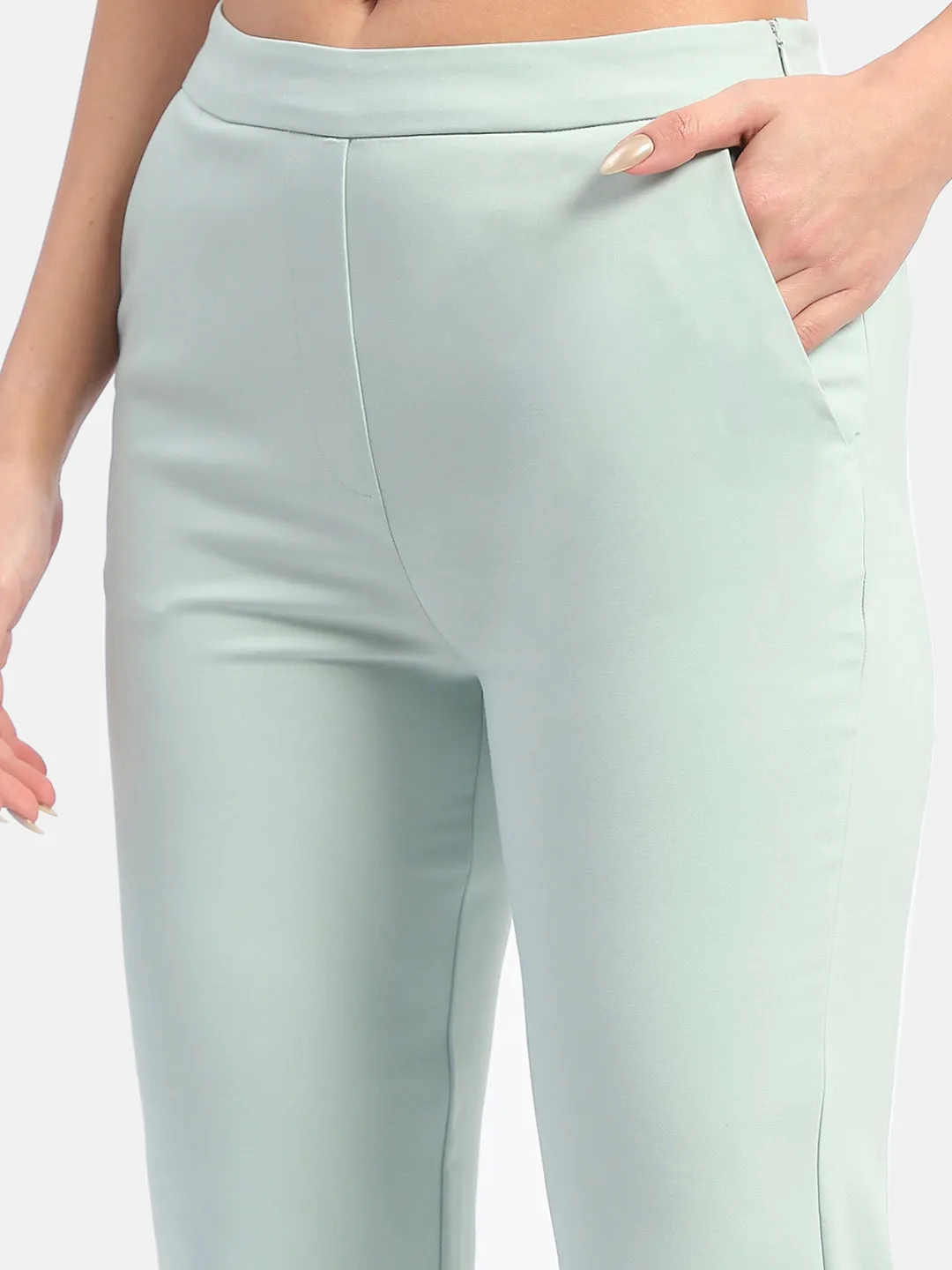 Madame Solid Green Flared Trousers Sporty Style Lined interior