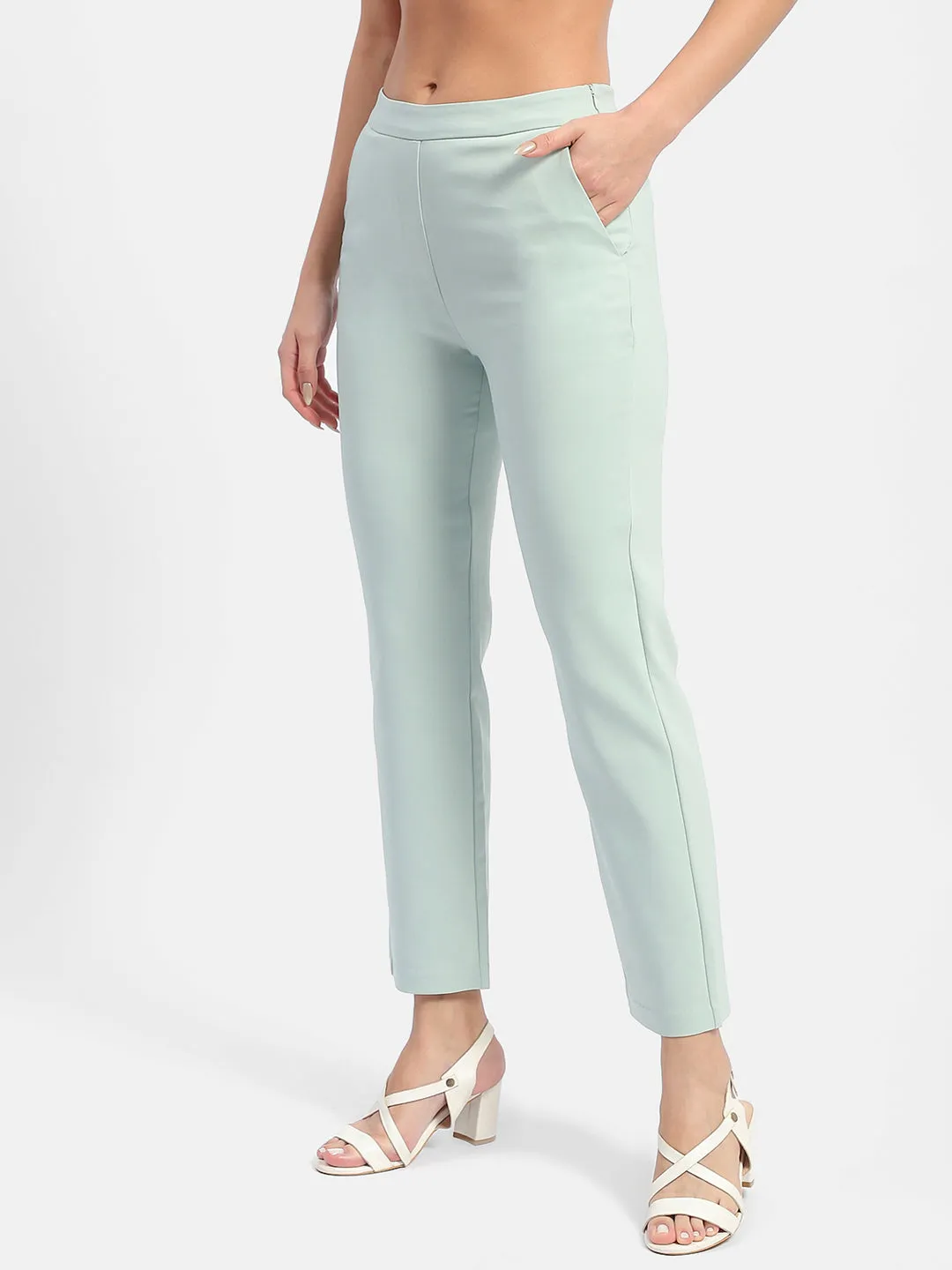 Flattering Design Wear Madame Solid Green Flared Trousers
