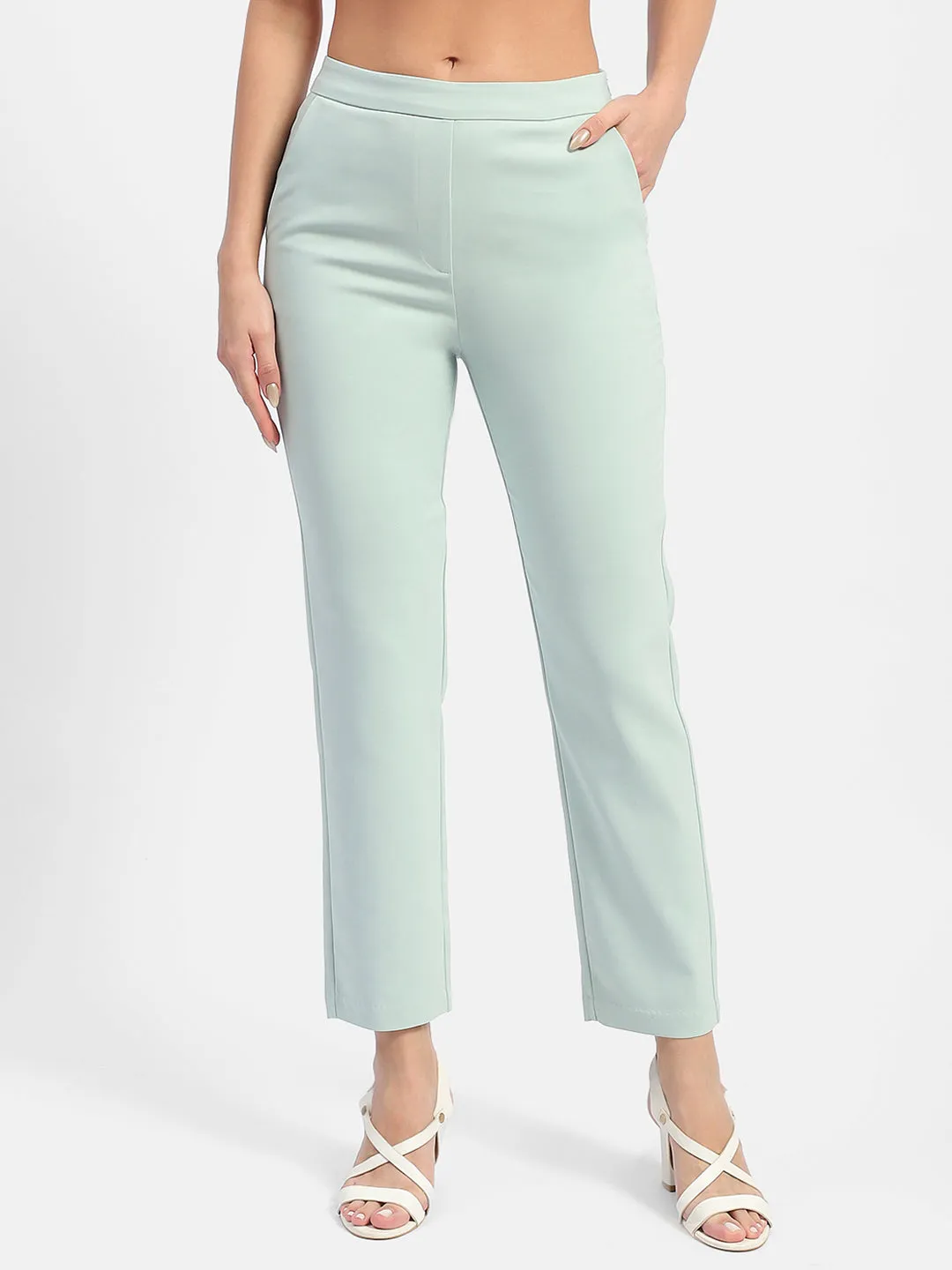 Madame Solid Green Flared Trousers Chilly Day Comfort Fashionable Fit