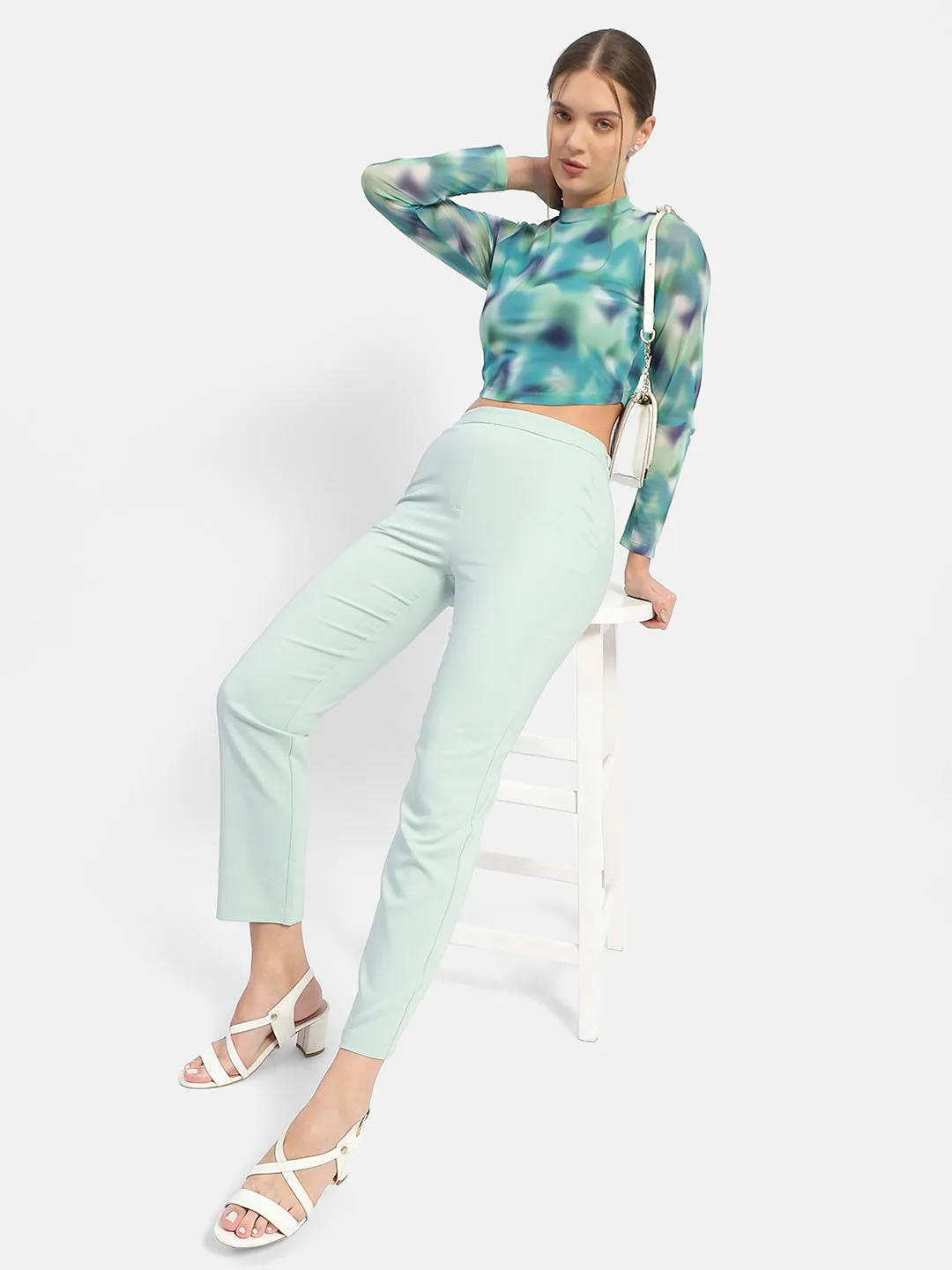 Madame Solid Green Flared Trousers Adjustable Belt Loops