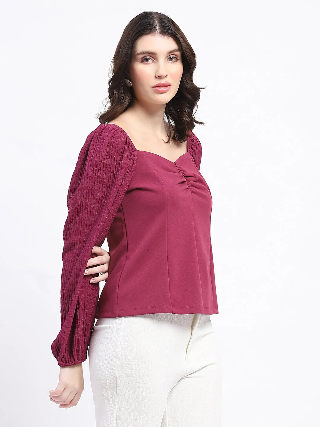 Beach Fit Sky Mood Madame Sweetheart Neck Elasticated Rush Detailed Solid Plum Knit moss Top