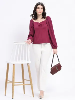 Madame Sweetheart Neck Elasticated Rush Detailed Solid Plum Knit moss Top Ventilated Back Panel