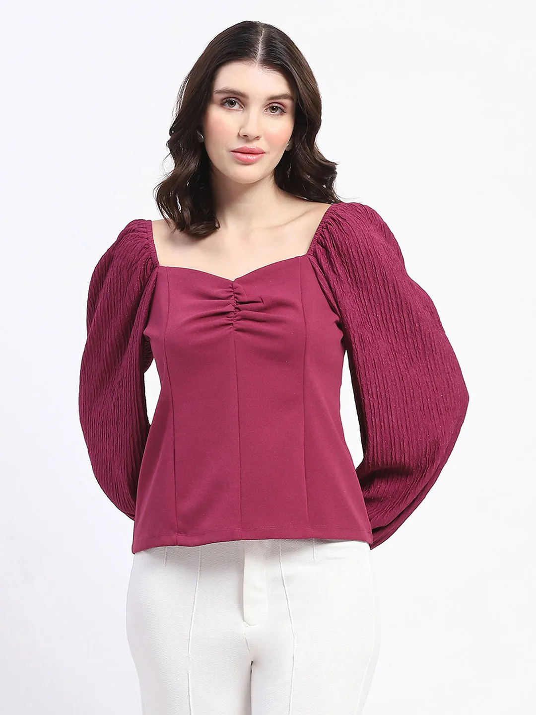 Madame Sweetheart Neck Elasticated Rush Detailed Solid Plum Knit moss Top Sheer Glow