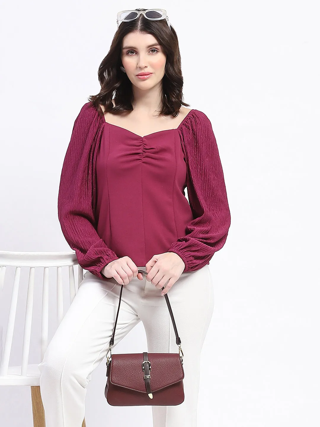 StretchWaistband Madame Sweetheart Neck Elasticated Rush Detailed Solid Plum Knit moss Top