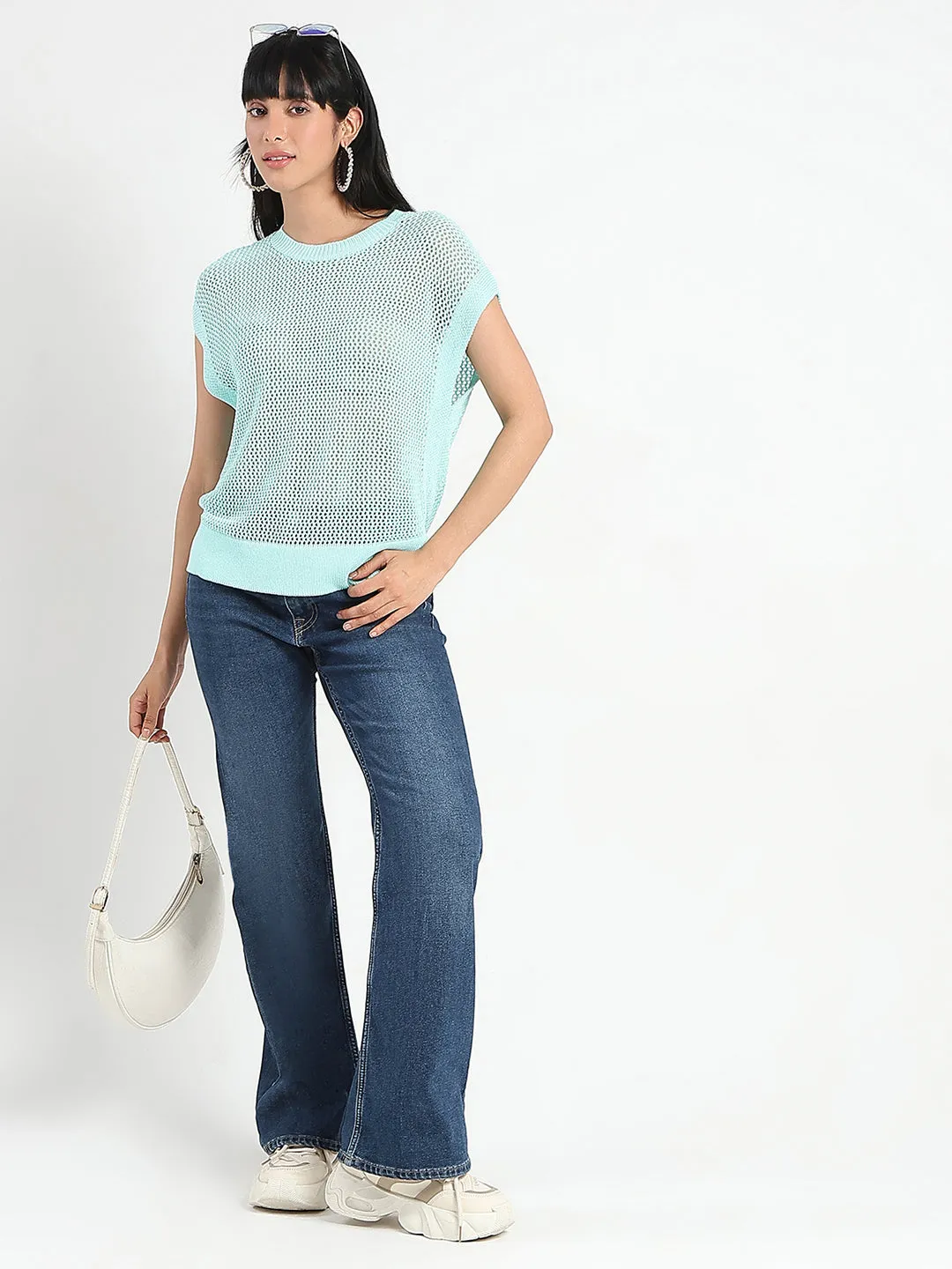 Madame Open Knit Side Slits Mint Green Top AntiStaticTechnology Adjustable Waistband