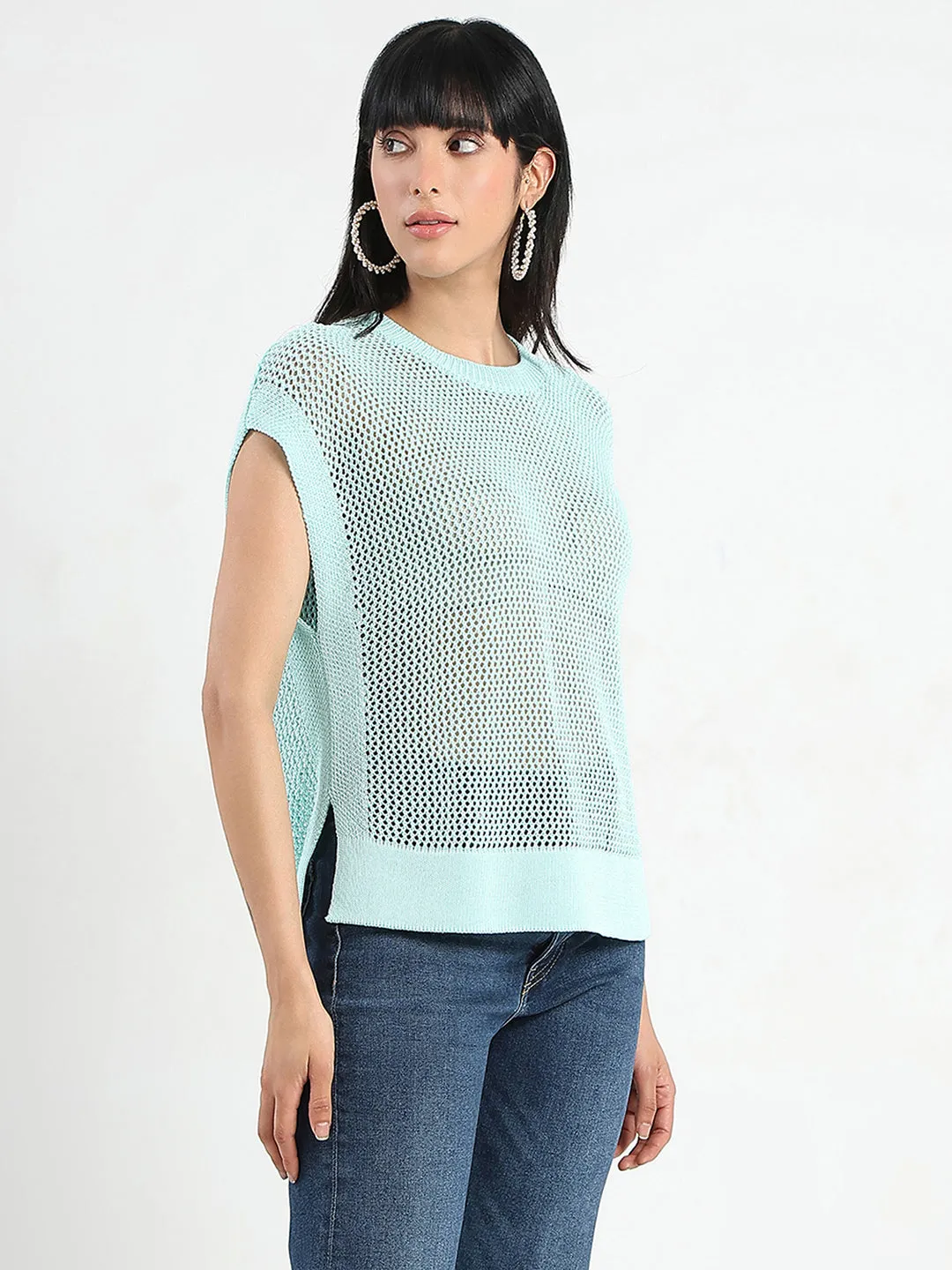 Madame Open Knit Side Slits Mint Green Top NonRestrictiveFit Stylish Apparel