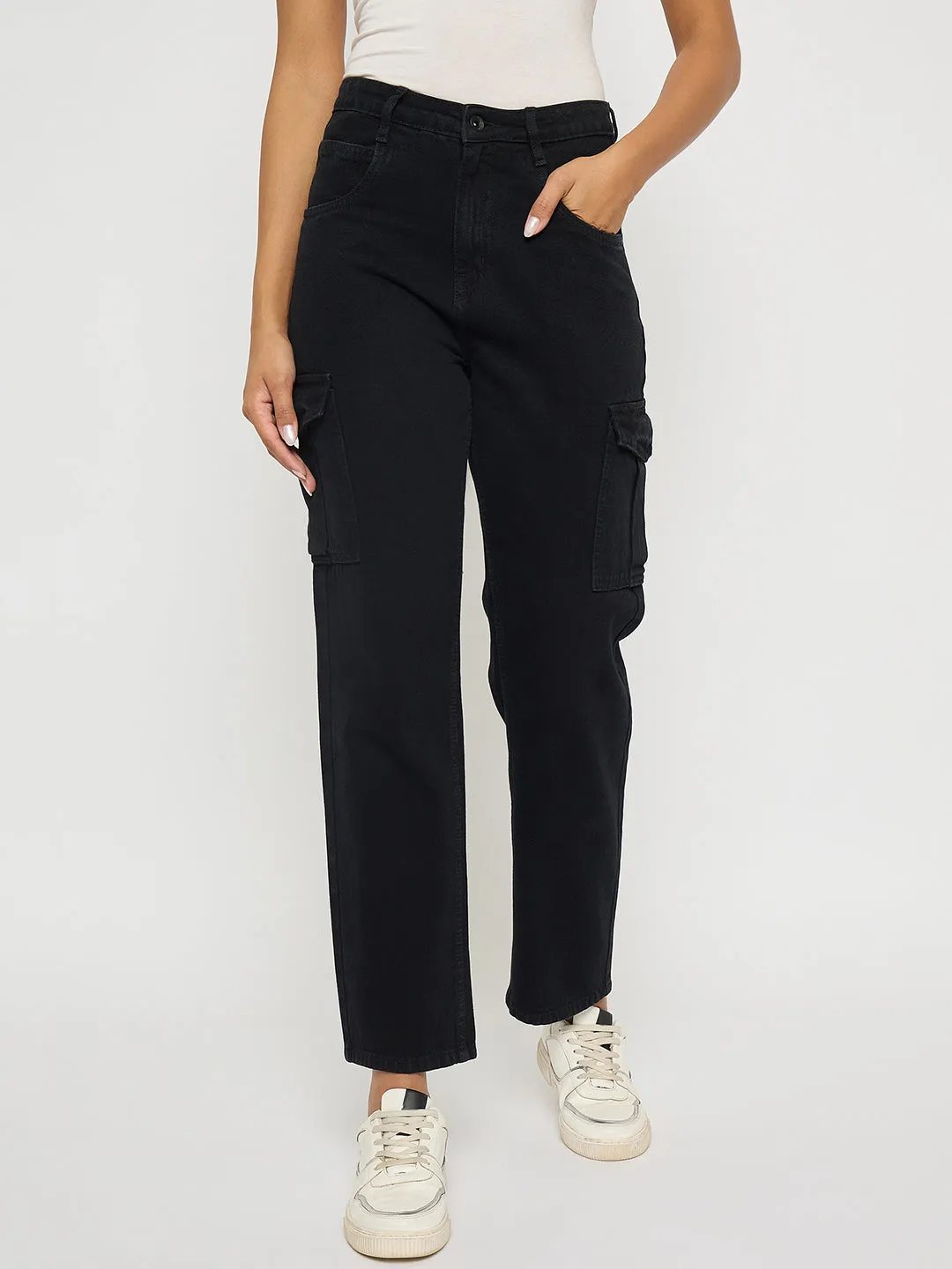 Solid shade Madame Multi Pocketed Black Straight Cotton Denim Cargo