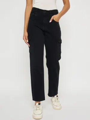 Solid shade Madame Multi Pocketed Black Straight Cotton Denim Cargo