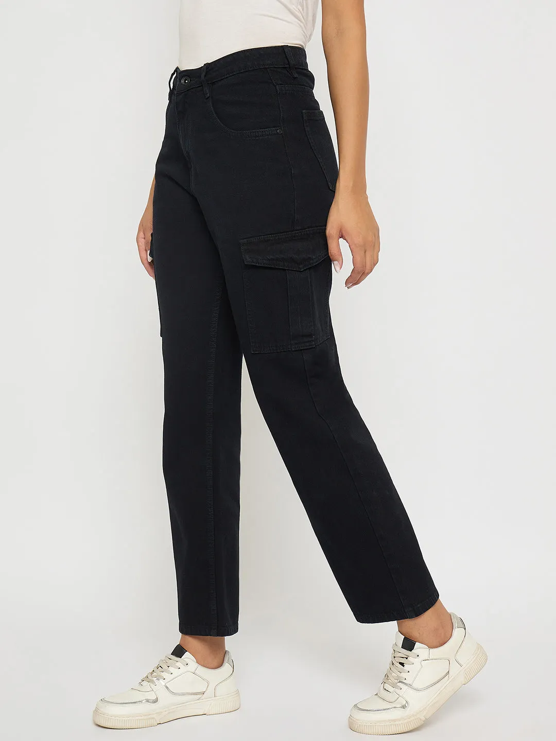 Cool Weather Madame Multi Pocketed Black Straight Cotton Denim Cargo