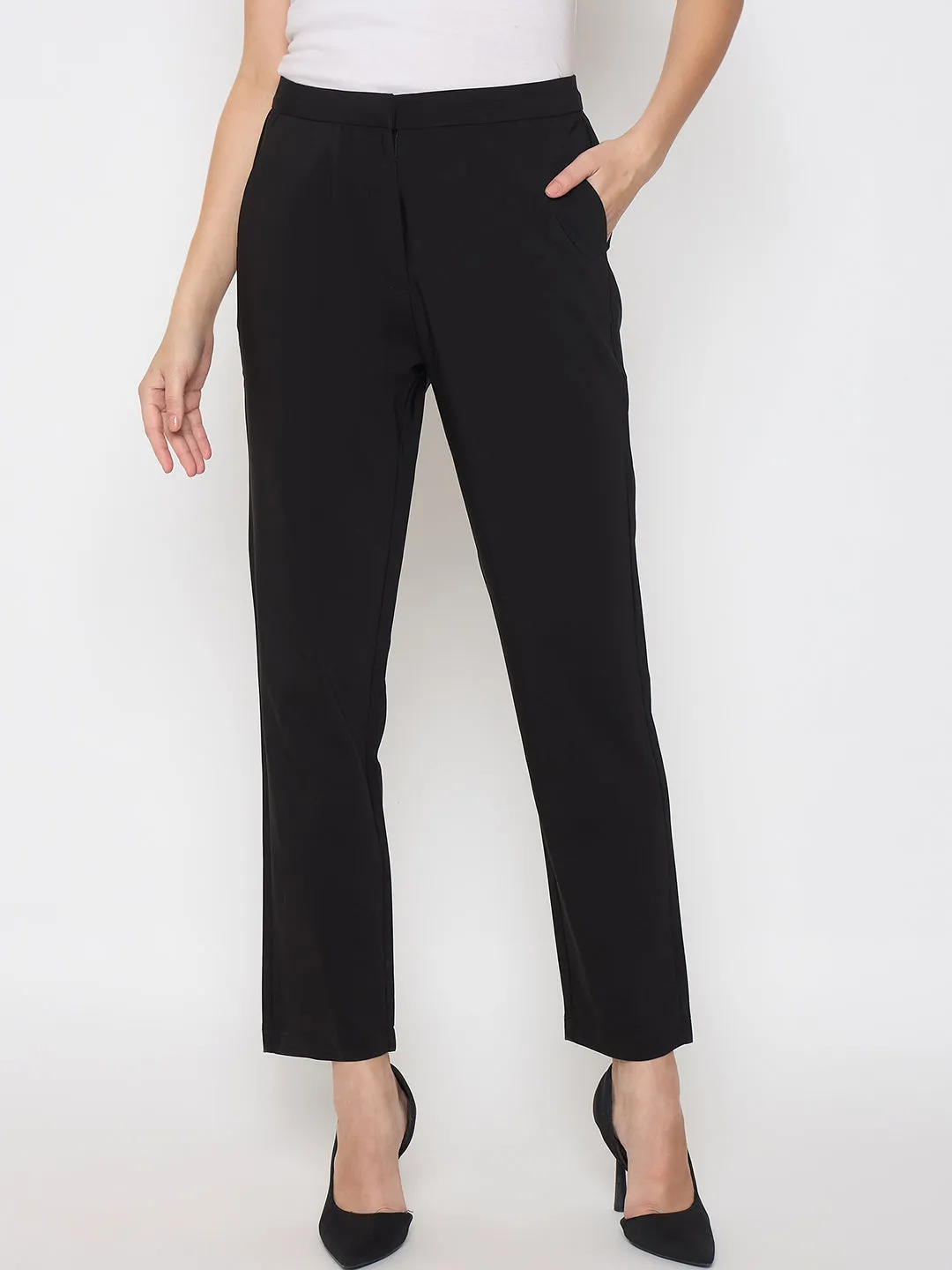Weekend Style On The Go Madame Alex Waist Belt Detail Solid Black Trousers