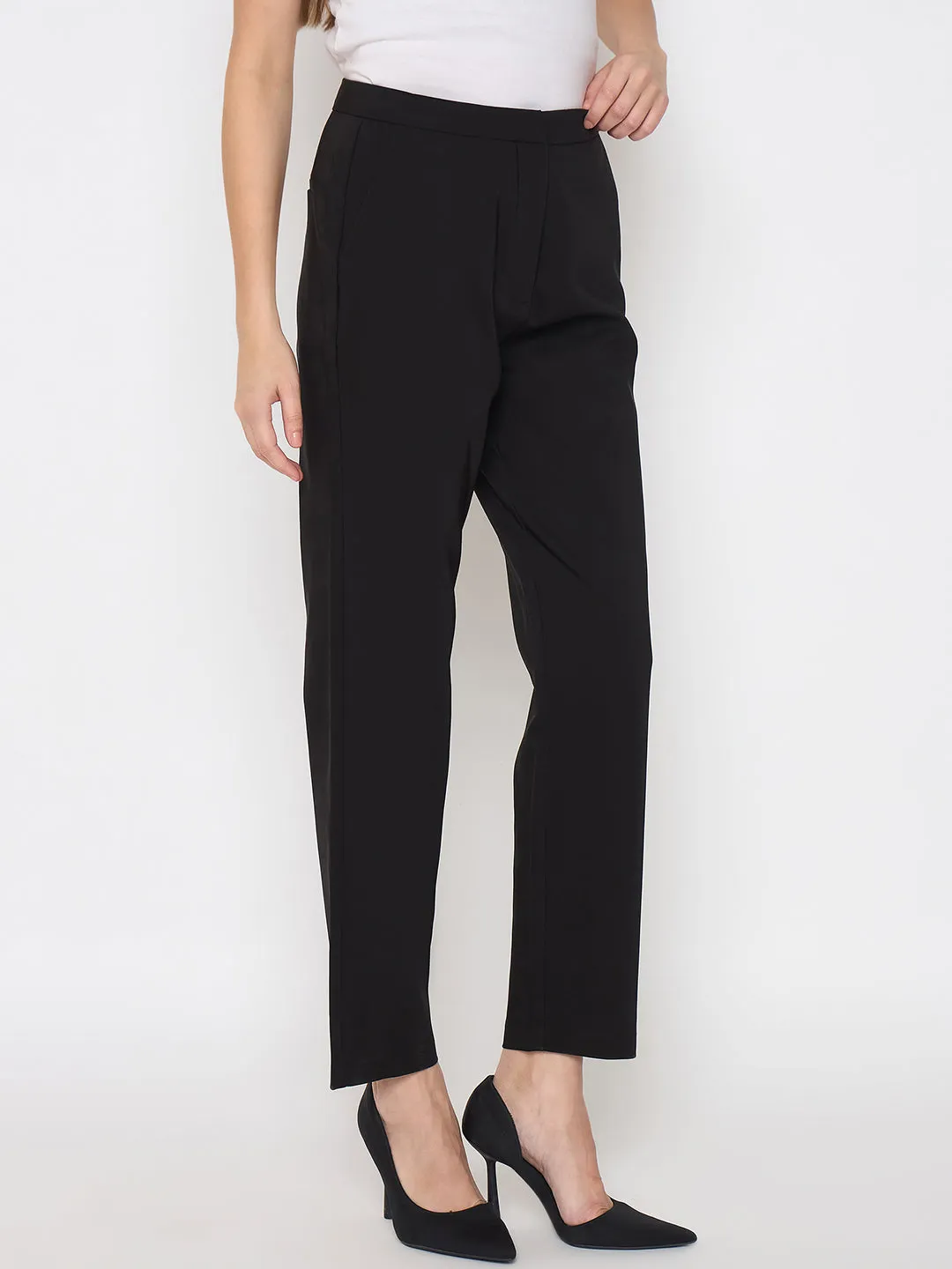 Madame Alex Waist Belt Detail Solid Black Trousers Easy Wear Breathable activewear