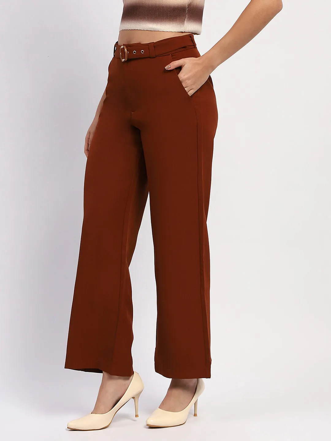 Madame Belted Straight Fit Solid Rust Trousers Stay Flexible breath easy