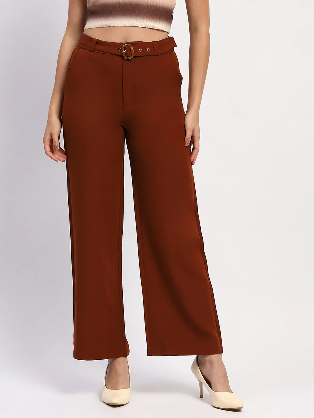 Comfy Vibes Detachable belt Madame Belted Straight Fit Solid Rust Trousers