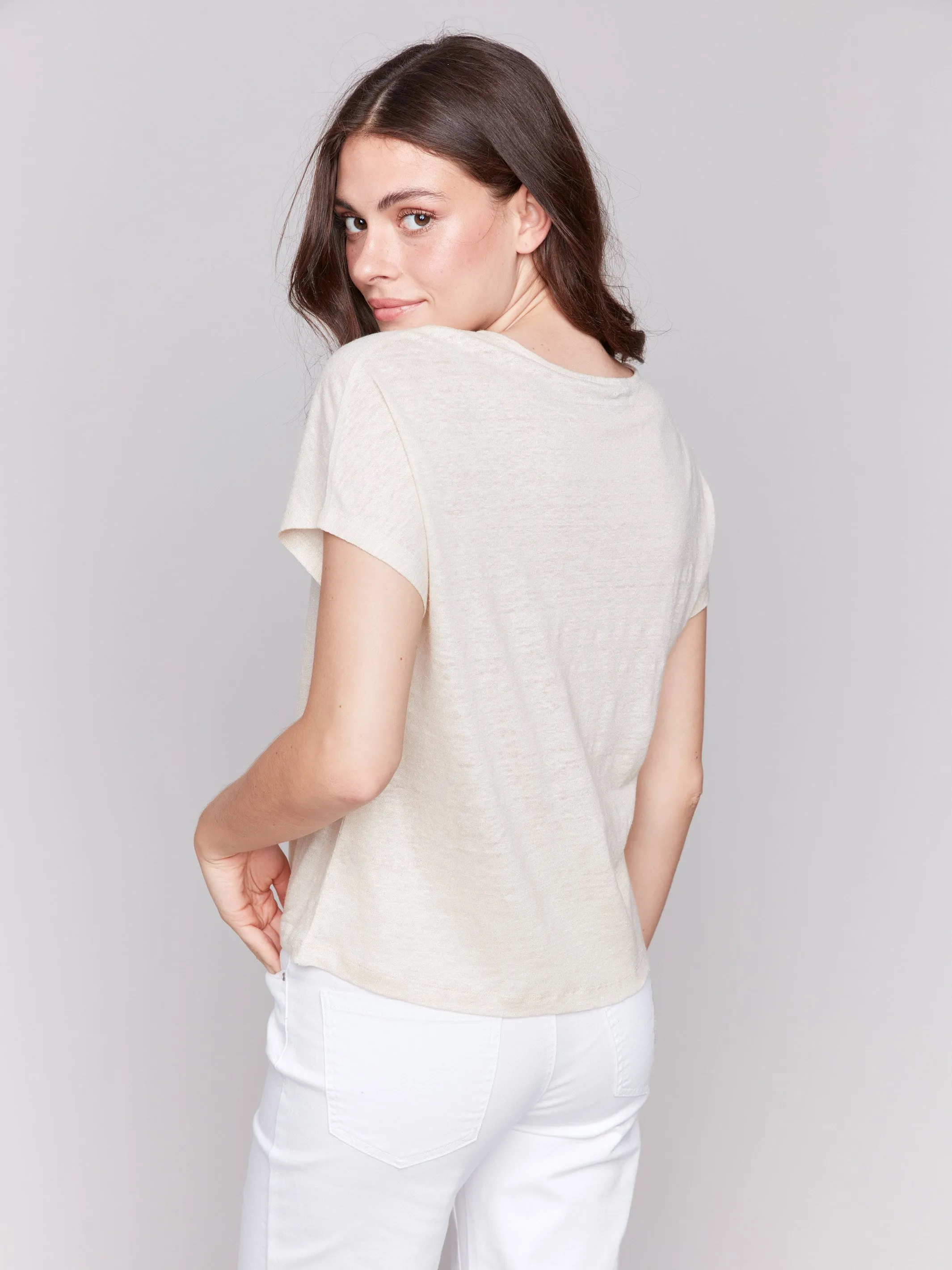 winter clothing spring fresh Foil Print Linen Blend Dolman Top - Champagne