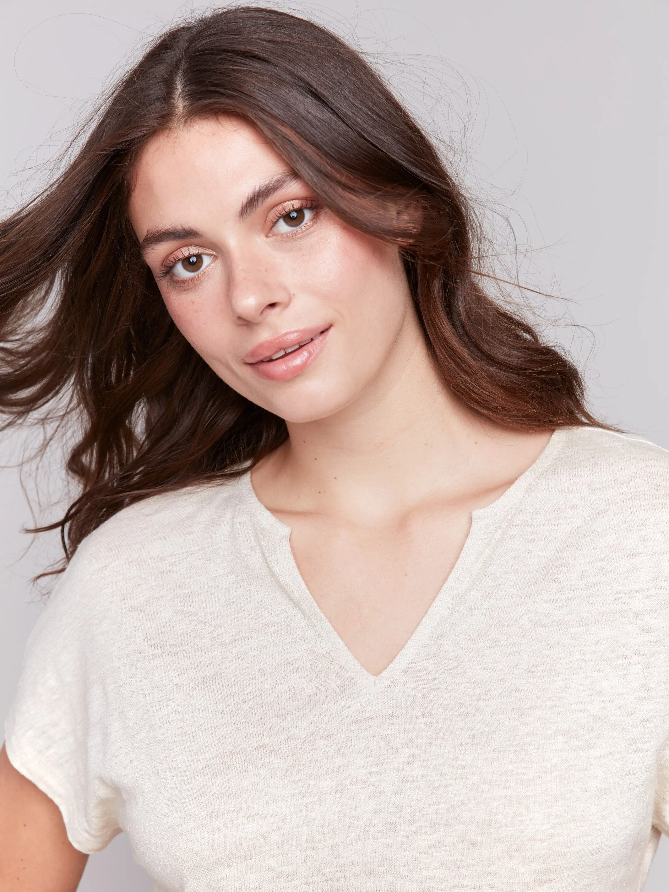Inner Glow Cool Vest Foil Print Linen Blend Dolman Top - Champagne