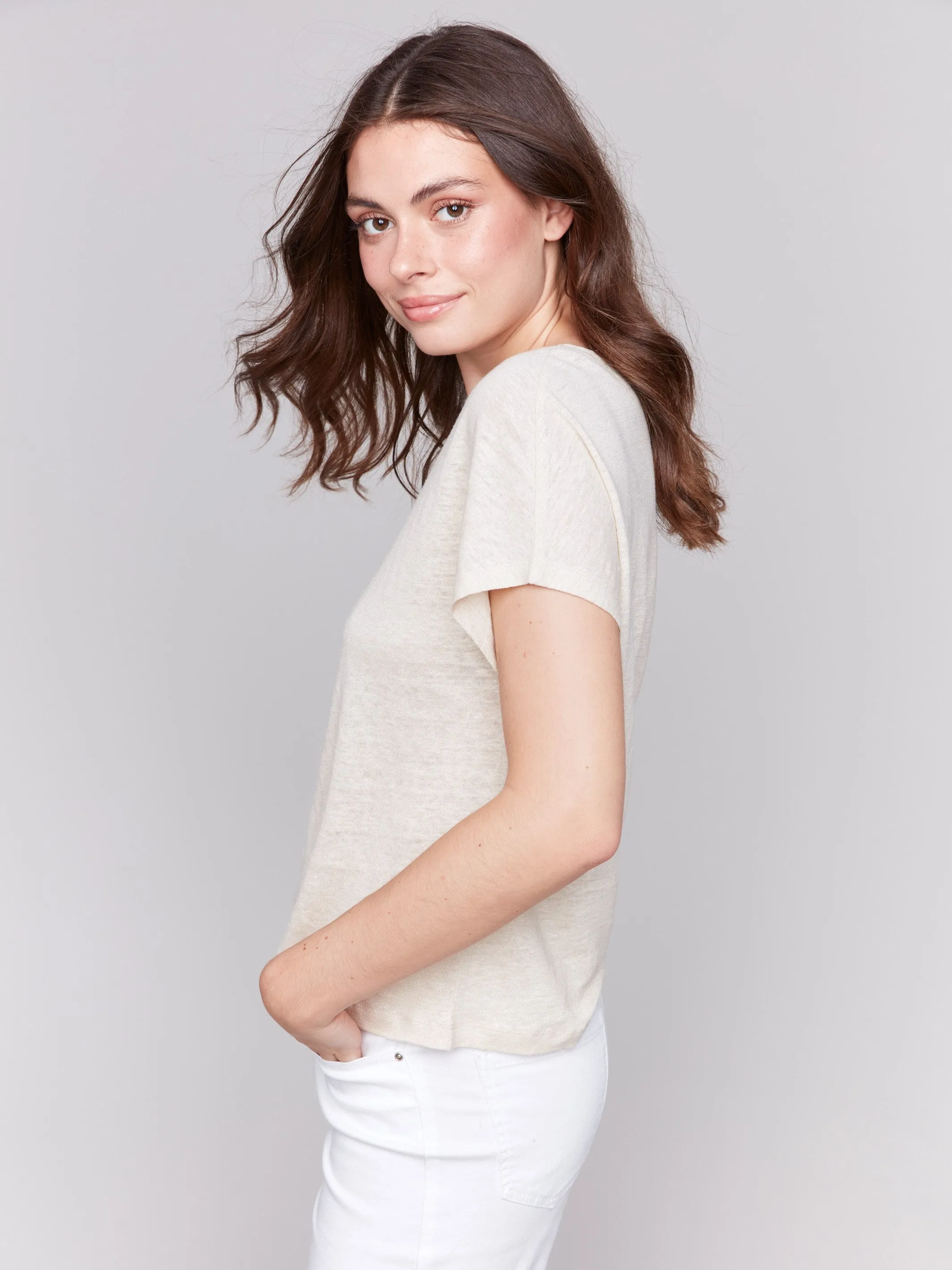 Foil Print Linen Blend Dolman Top - Champagne Fashion Forward Clear Tone