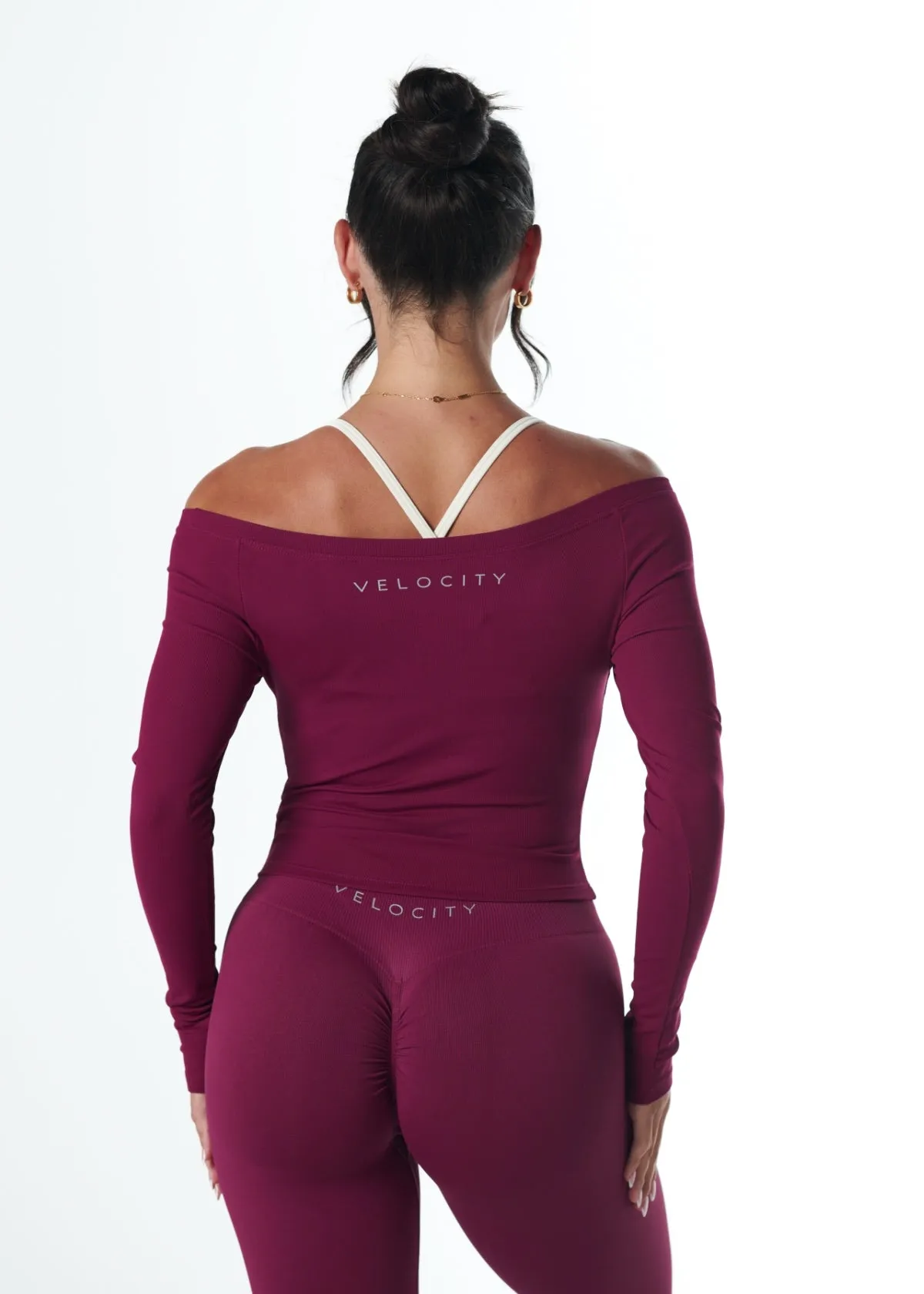 RIBBED OFF SHOULDER LONG SLEEVE - BERRY UVProtectionFabric