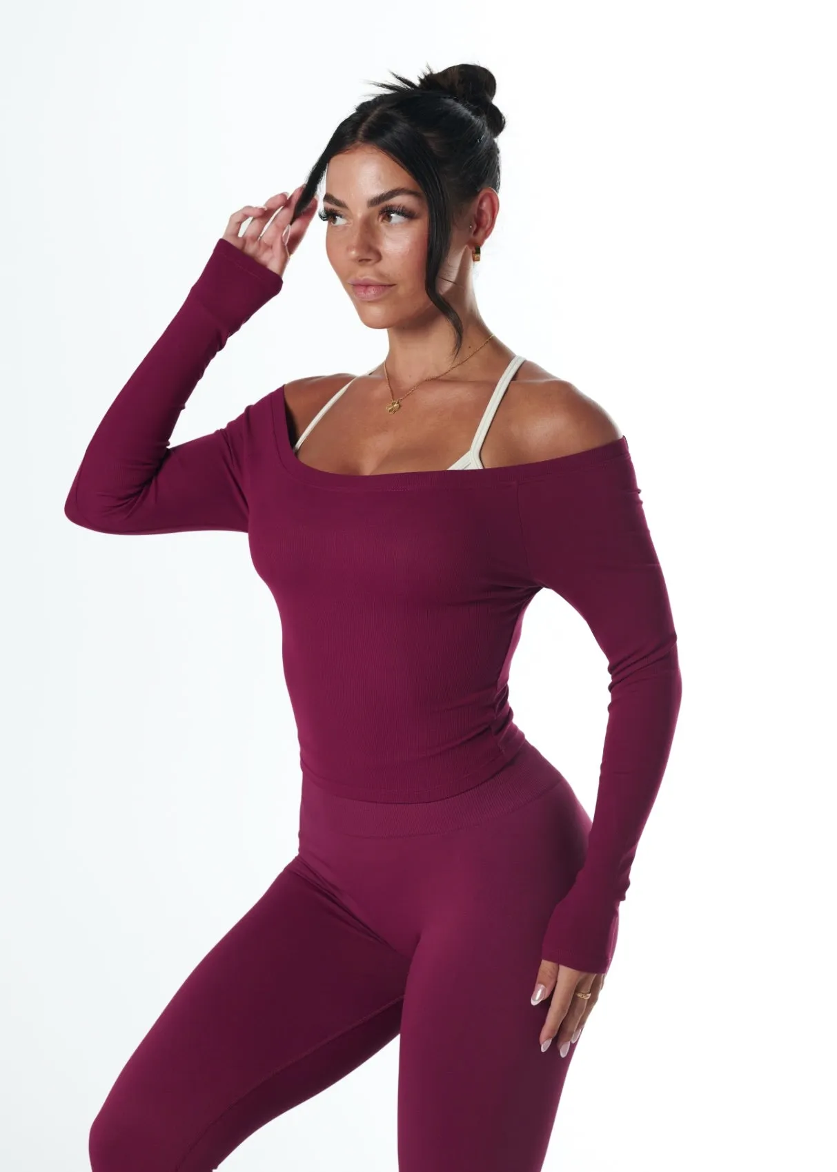 RIBBED OFF SHOULDER LONG SLEEVE - BERRY Wonder Core QuickReleaseClosures