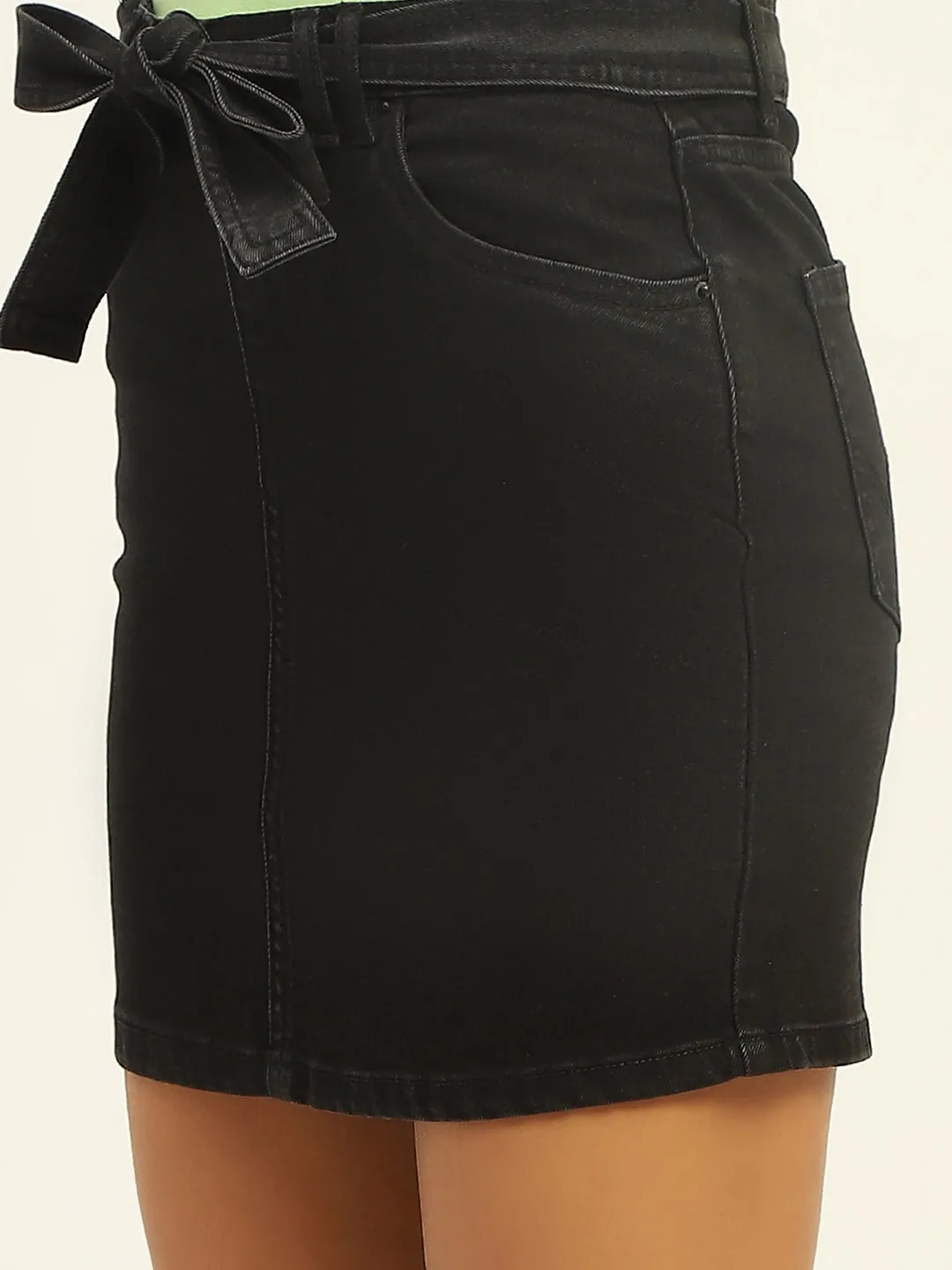 TumbleDry Safe Madame Belted Black Denim Mini Skirt