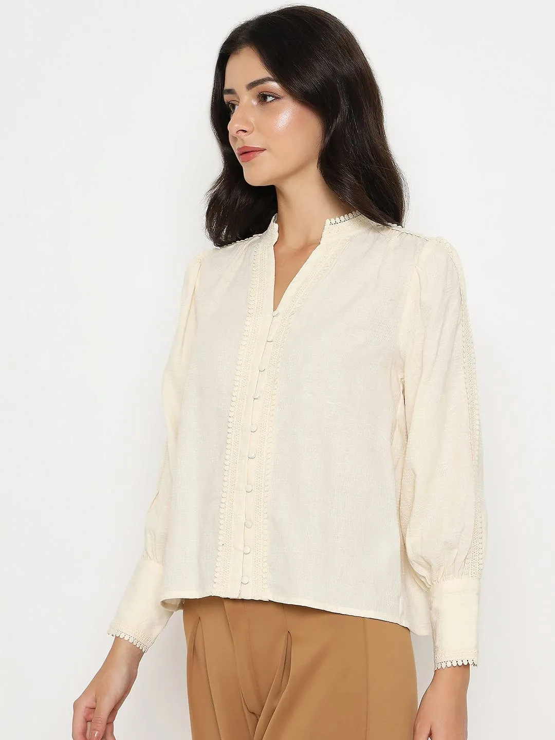 SustainableTextiles Madame Gathered Shoulders Off White Cotton Top