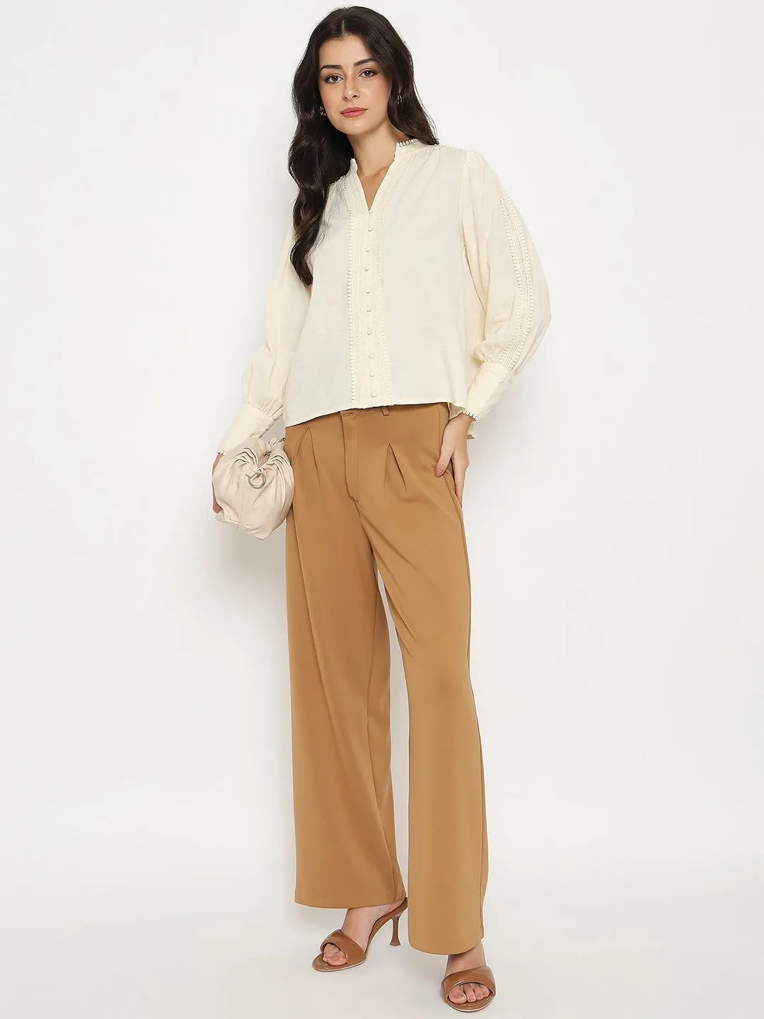 Flexible Outerwear Madame Gathered Shoulders Off White Cotton Top