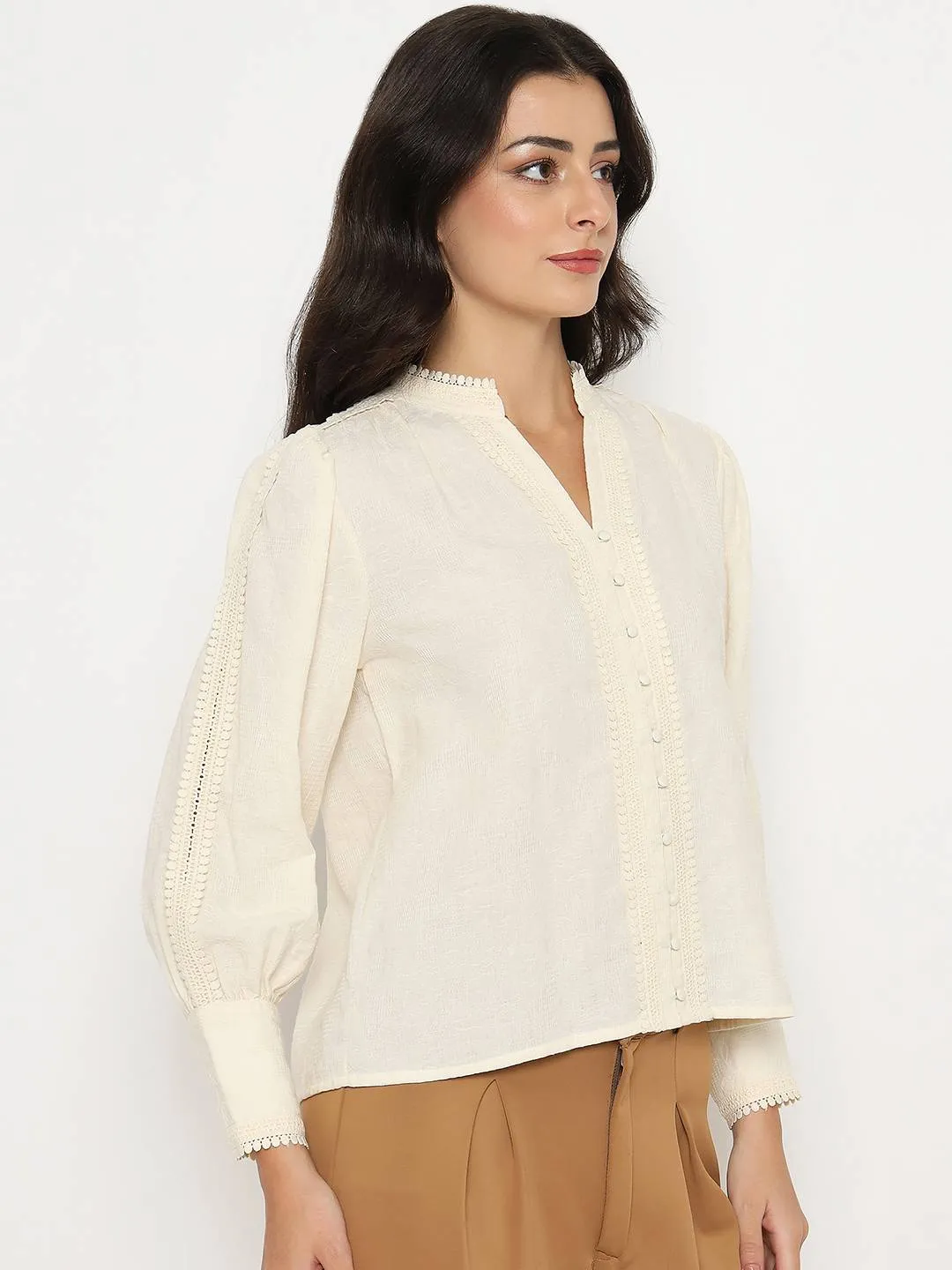 Madame Gathered Shoulders Off White Cotton Top Easy Tunic