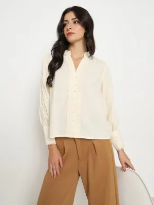 Seasonal Style Madame Gathered Shoulders Off White Cotton Top