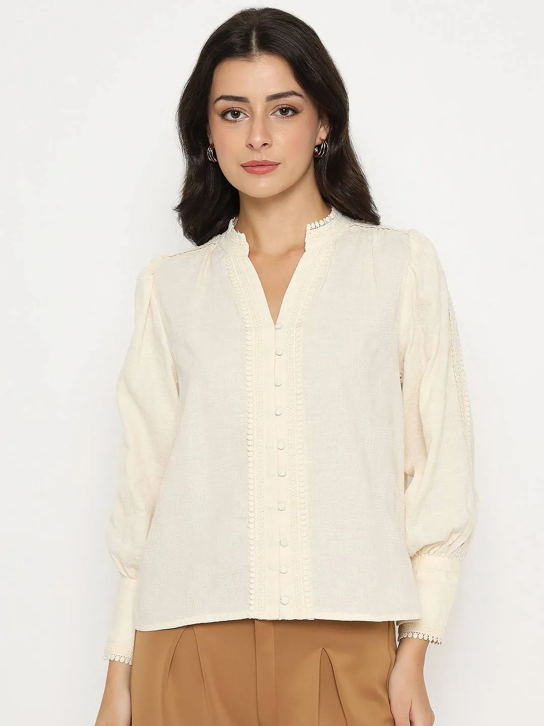 Madame Gathered Shoulders Off White Cotton Top EcoFriendlyDyeProcess
