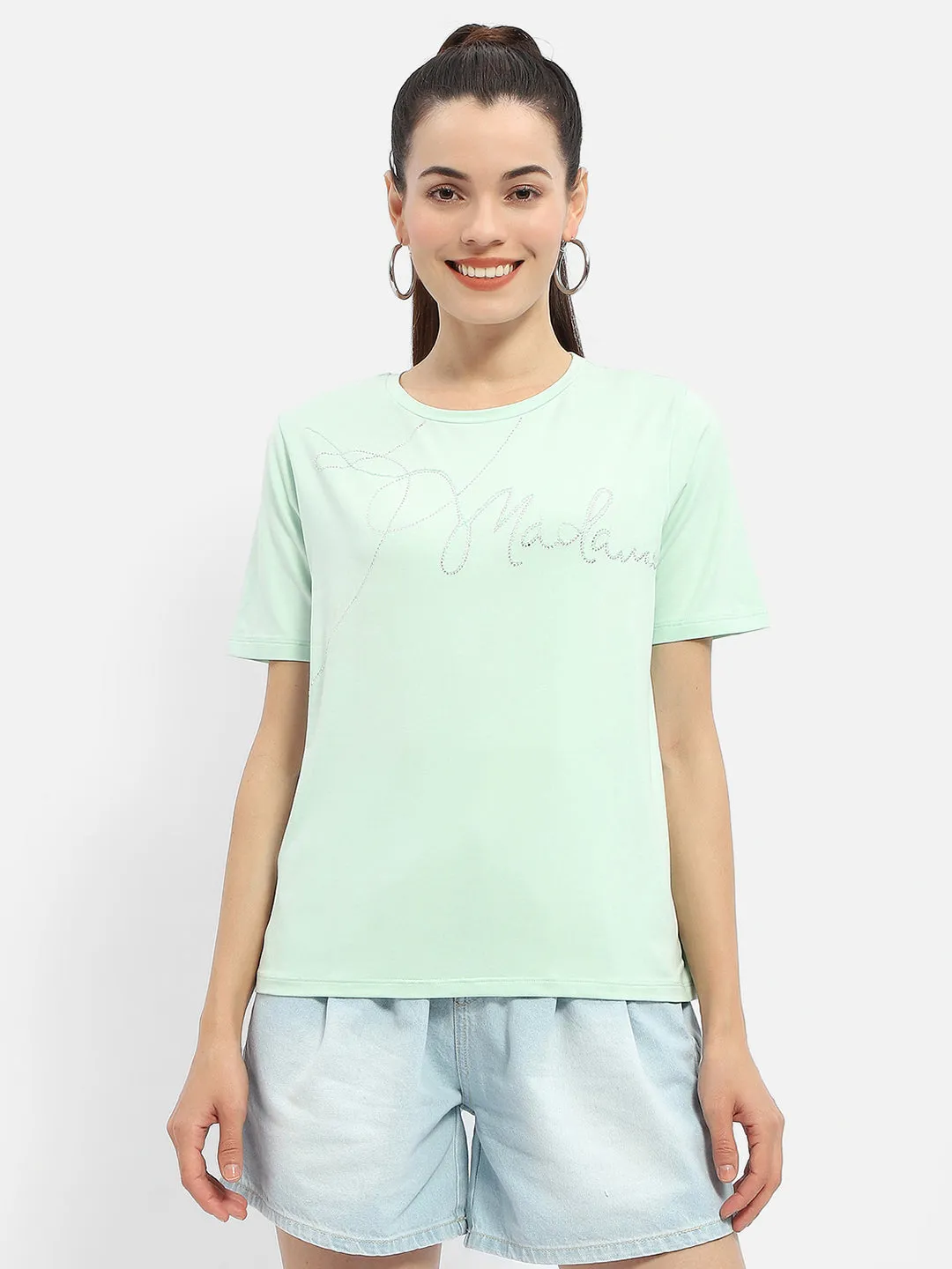 Versatile and Stylish Madame Embellished Typography Mint Regular T-Shirt