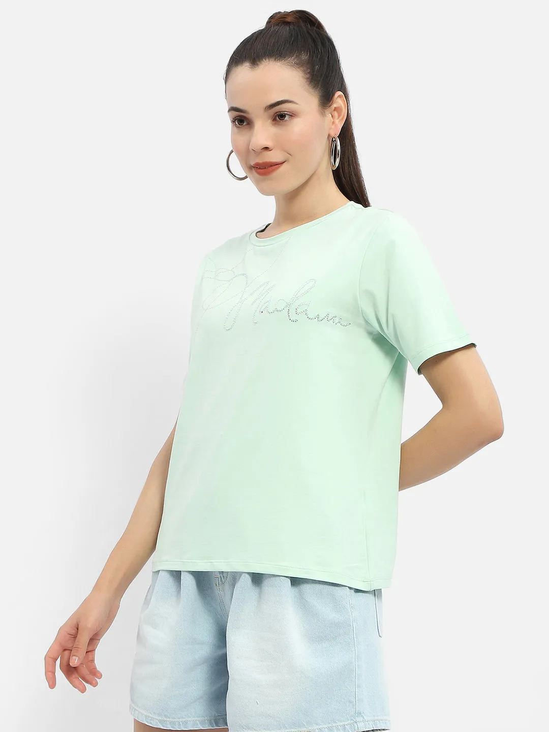 Madame Embellished Typography Mint Regular T-Shirt Stylish piece